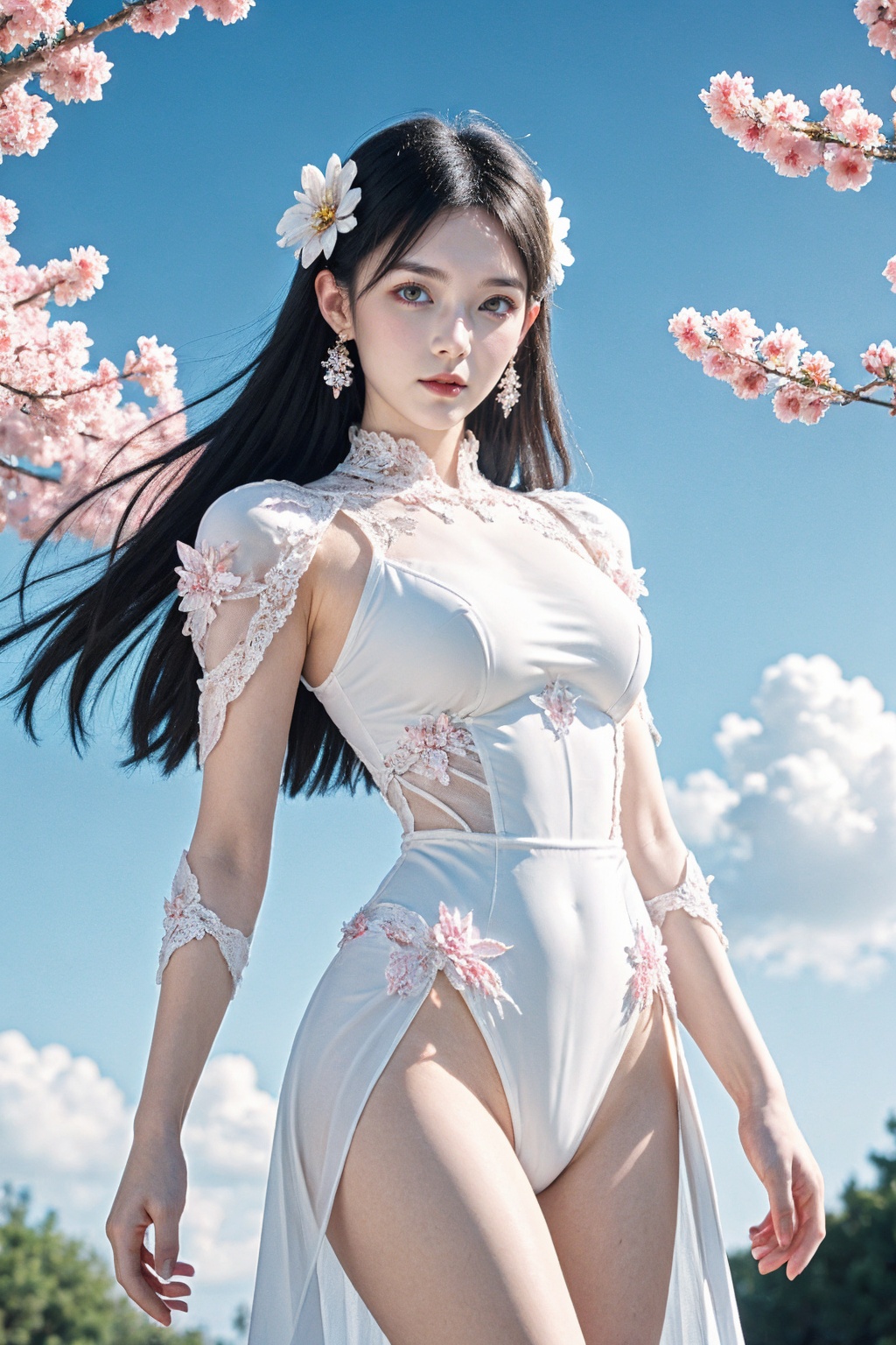 1girl, solo, earrings, hair ornament, jewelry, flower, long hair, black hair, sky, hair flower, see-through clothes armor, white leotard, skirt, looking at viewer, outdoors, pink flower, cherry blossoms, cloud, blue sky, breasts,