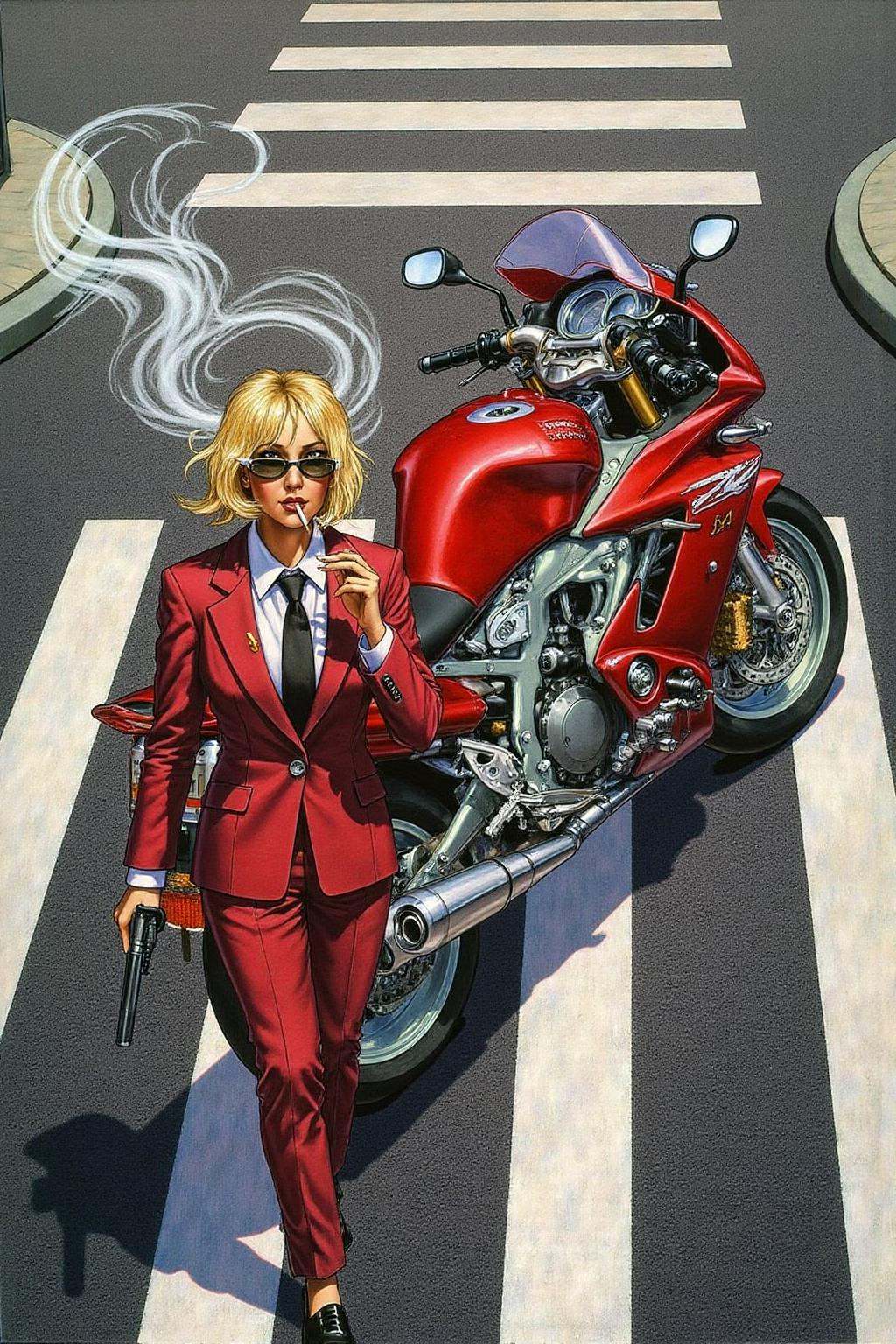 jole1 illustration.Overhead shot of an Blonde woman walking away from a futuristic motorcycle parked at a zebra crossing....