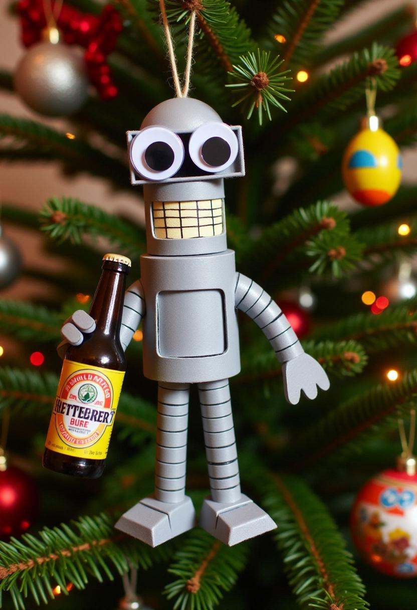 Photograph of a festive,  whimsical,  handmade Christmas decoration in the form of Bender holding a beer bottle on Tensor.Art