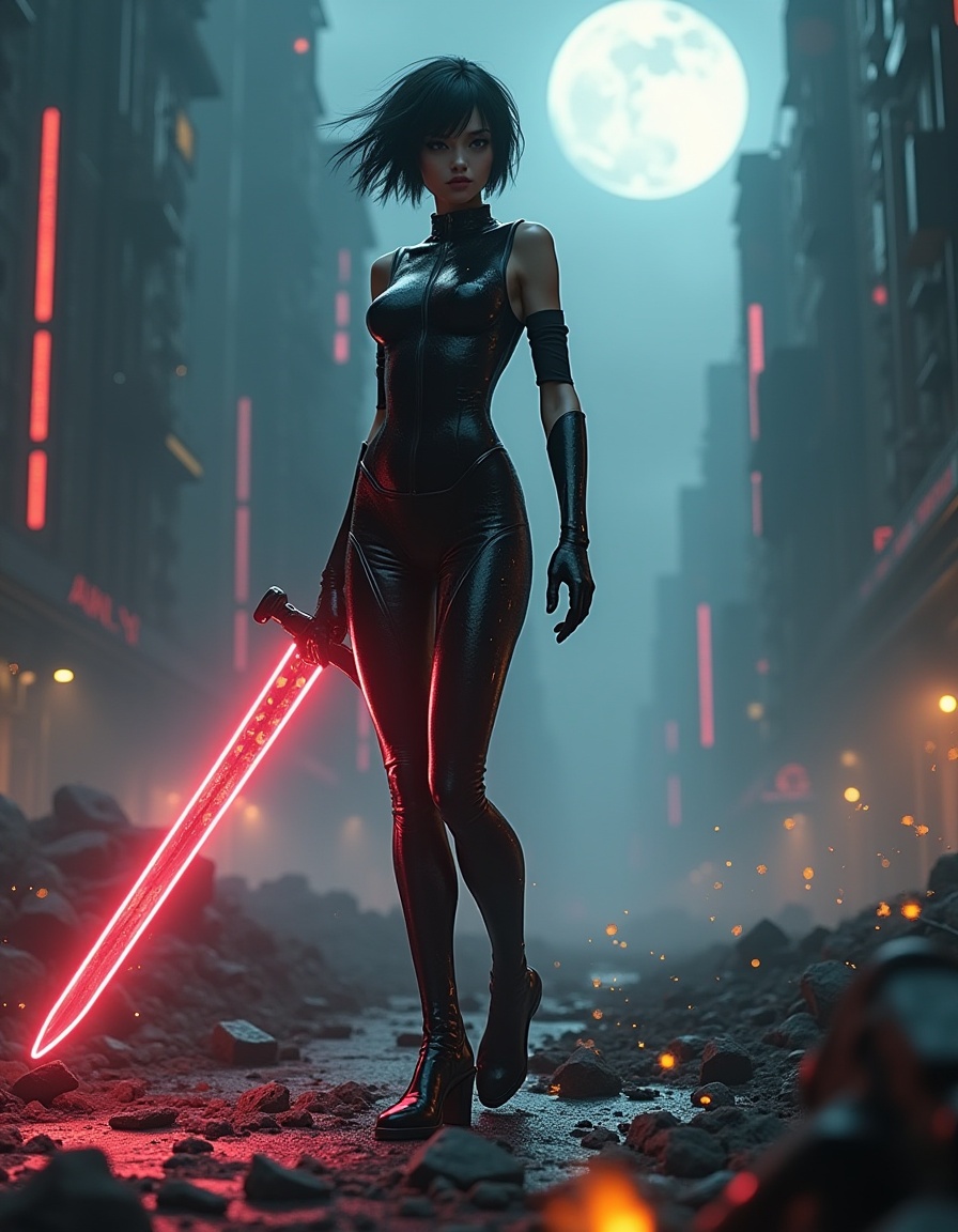 This is a highly detailed CGI artwork depicting a futuristic, post-apocalyptic scene. The central figure is a young woman with pale skin, short black hair, and intense, focused eyes. She is clad in a form-fitting, glossy black suit that accentuates her slender yet athletic build. Her outfit includes fingerless gloves and high-heeled boots, adding to her dynamic appearance. She wields a large, glowing red sword in her right hand, poised for action.The background is a dystopian cityscape, with towering, futuristic skyscrapers and a dense, smoky atmosphere. The sky is dark, punctuated by glowing neon lights and a large, circular halo of light, creating a dramatic, sci-fi atmosphere. The ground is covered in rubble and debris, with scattered glowing embers and sparks adding to the sense of chaos and destruction. The overall color palette is dominated by dark blues, blacks, and fiery oranges, with a strong emphasis on contrasts and shadows. The texture of the suit and the sword gleams with a high-tech sheen, enhancing the futuristic feel of the image. The artwork effectively blends elements of cyberpunk and action genres, evoking a sense of urgency and danger. <lora:hunjingV1:1>