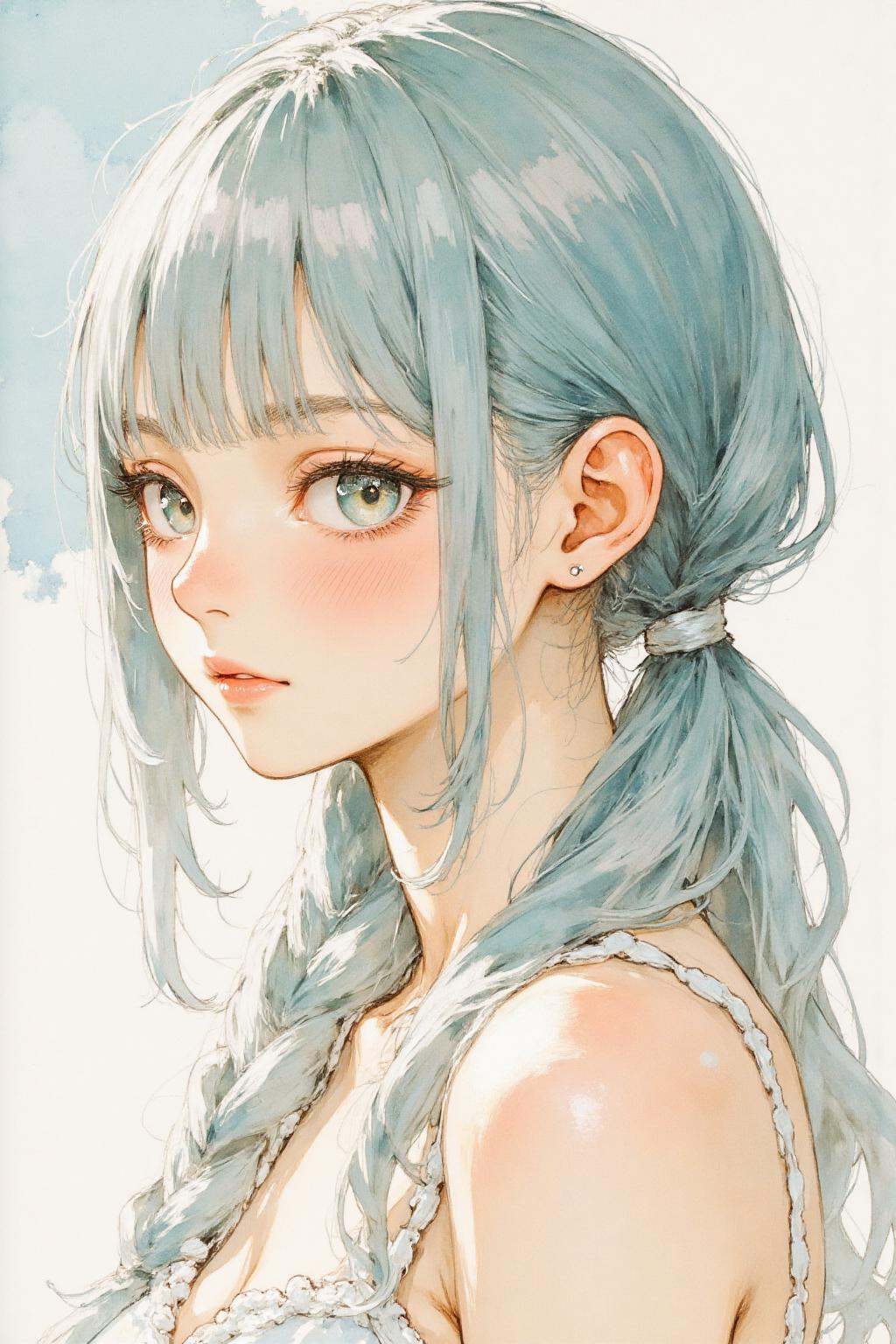 nijiwatercolor2 anime illustration.A close-up of a young woman with long,  light blue hair tied into a braid. She is weari...