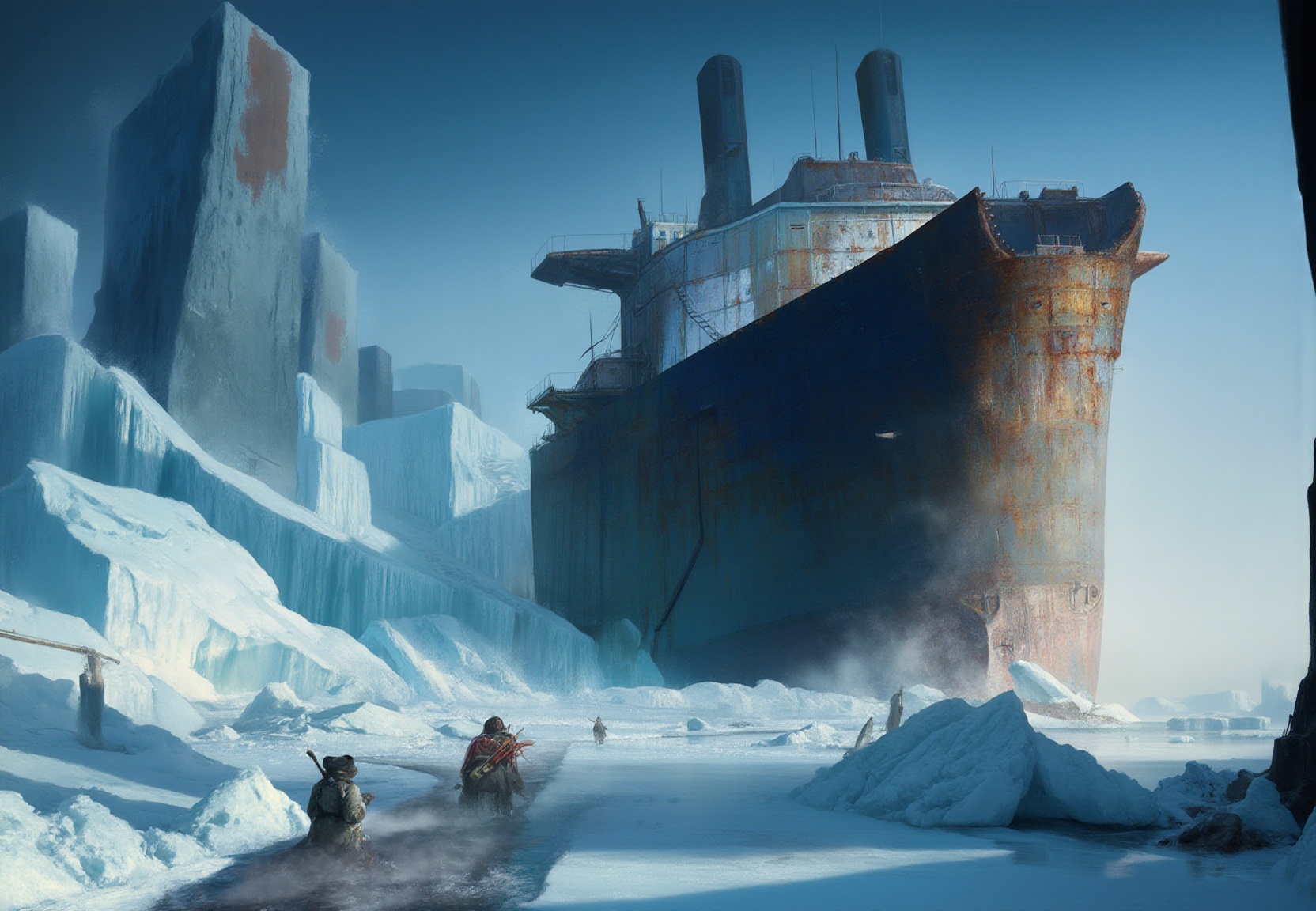 escimo gazes up at a colossal icebreaker ship that is captured in ice. The scene unfolds with meticulous attention to deta...