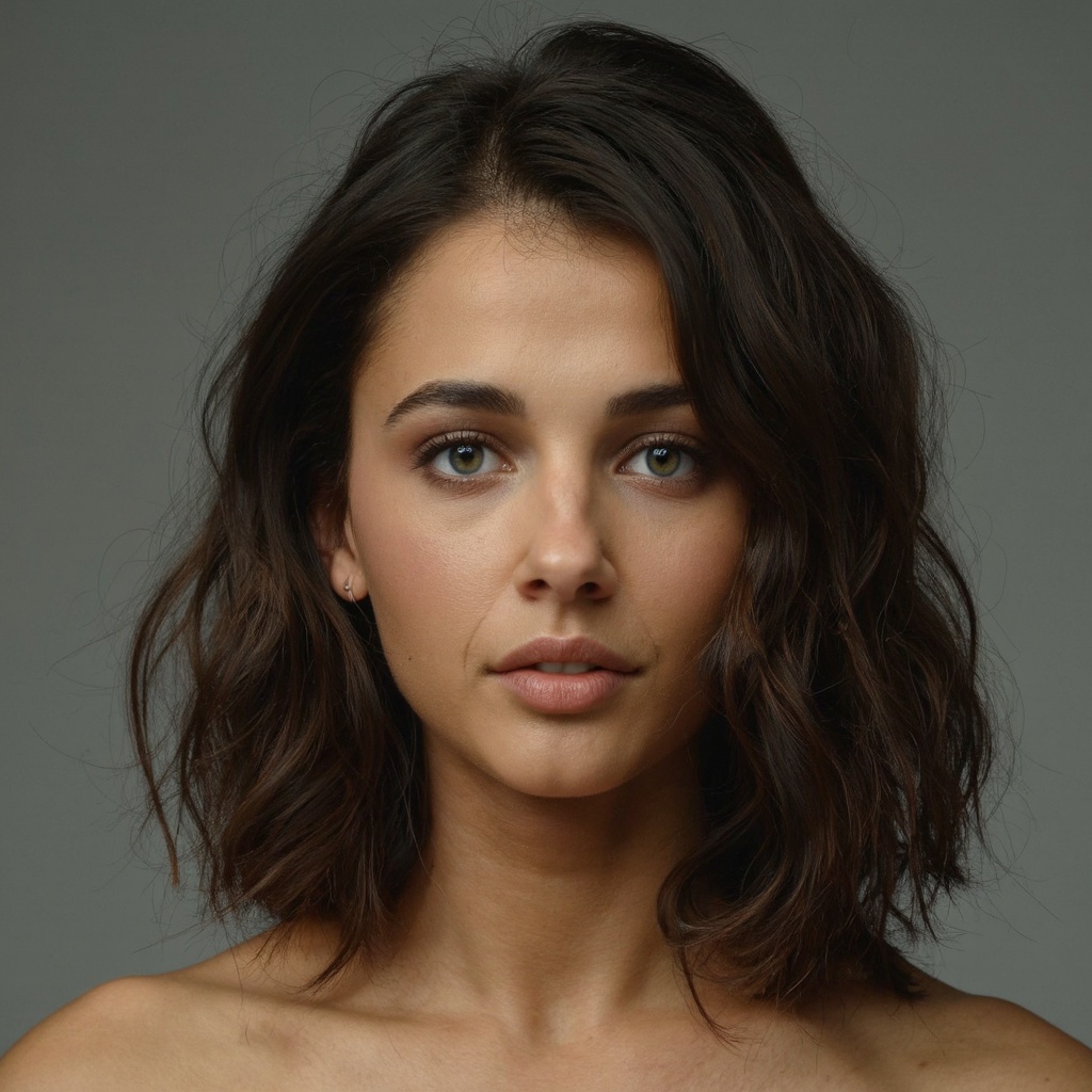 A portrait of naomi_scott with wavy,  shoulder-length brown hair. She has striking blue eyes and a neutral expression. The...
