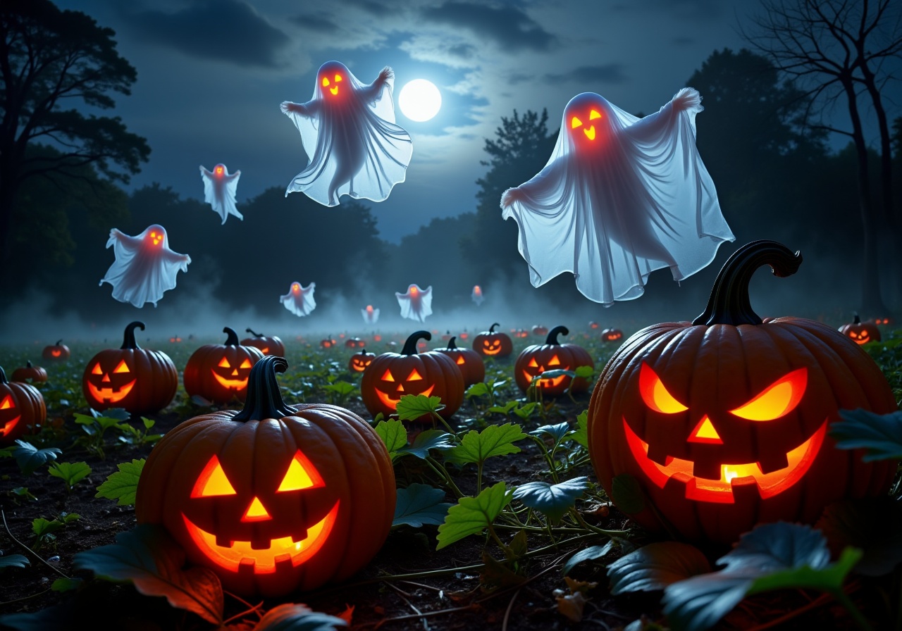 A haunted pumpkin patch: Glowing jack-o’-lanterns sit among the vines,  their flickering flames casting eerie light. Trans...