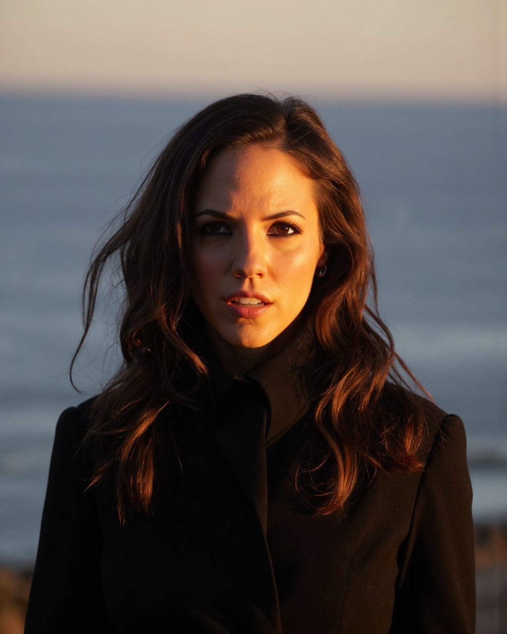anna_silk standing against a serene ocean backdrop,  taken during a golden hour sunset. She has long,  wavy brown hair tha...