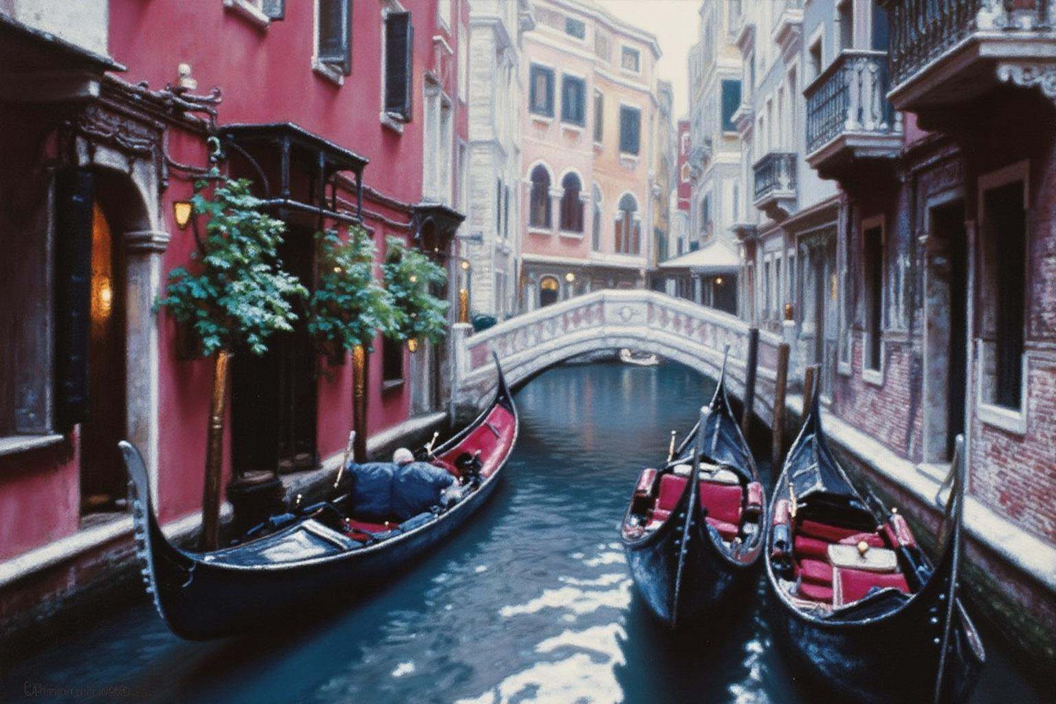 chenyifei2 painting.A scene in Venice,  featuring a narrow,  tranquil canal lined with historic buildings. In the foregrou...