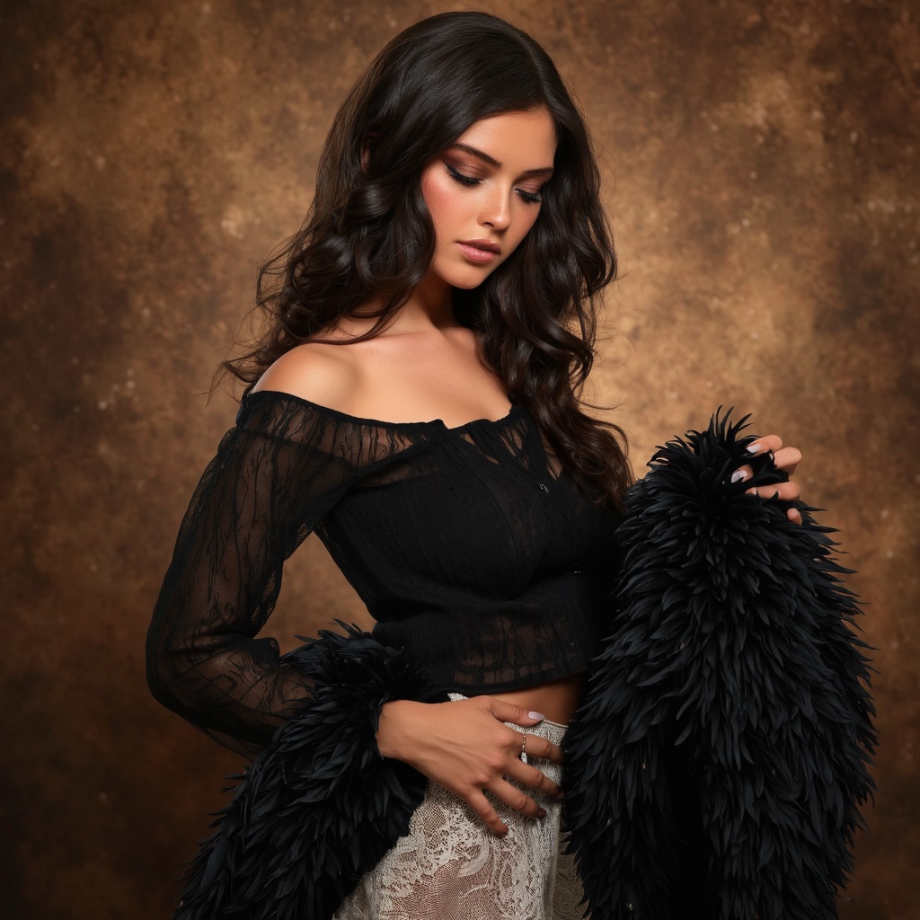 A portrait of sydney_melman with long, wavy dark hair, set against a textured, warm brown background. She wears a black off-the-shoulder top with sheer sleeves and a delicate lace skirt. The woman holds a large, dark, feathered garment in her right hand. Her gaze is downward, and her expression is serene. The image style is dramatic and evocative, emphasizing the woman's features and the texture of the fabric.