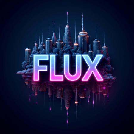 The phrase “Create images with FLUX”,  written in neon lights,  with a futuristic cityscape in the background on Tensor.Art