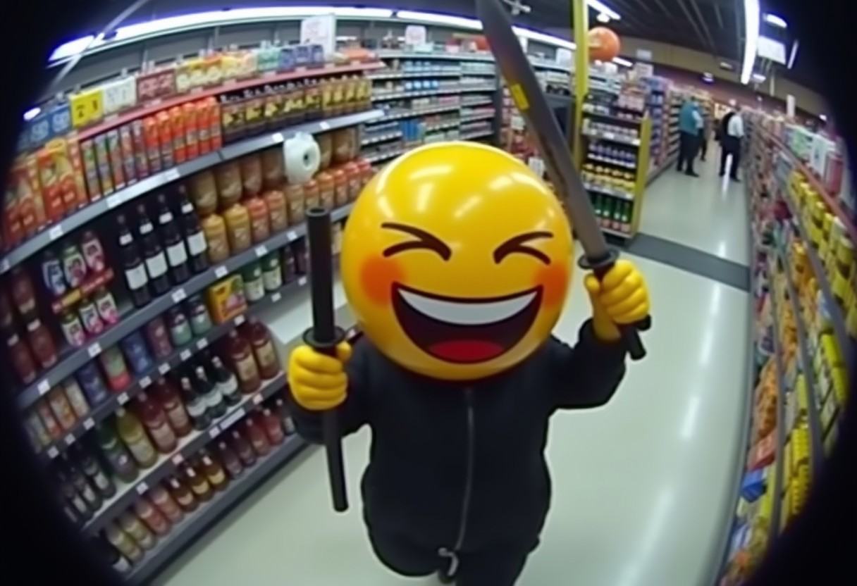 Laugh emoji carries a katana and rob a supermarket. caught on cctv camera. The viewpoint is taken from a CCTV camera locat...