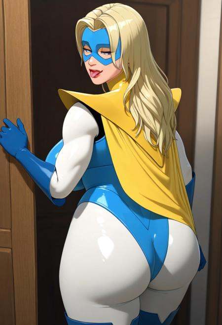 gigantic,  saggy breasts,  accentuating her curvy figure and wide hips. bl0nd3_b1az3r on Tensor.Art