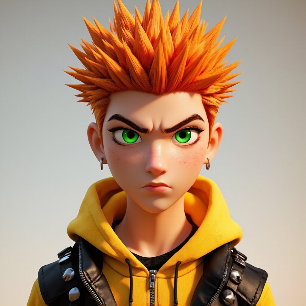niji3d_flx,  A highly detailed 3D cartoon-style portrait of a teenage character with striking orange hair,  styled in spik...