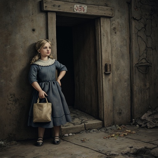 dark and gloomy children's book Artwork illustration of Gerda. She is holding a paper bag with groceries and is standing i...
