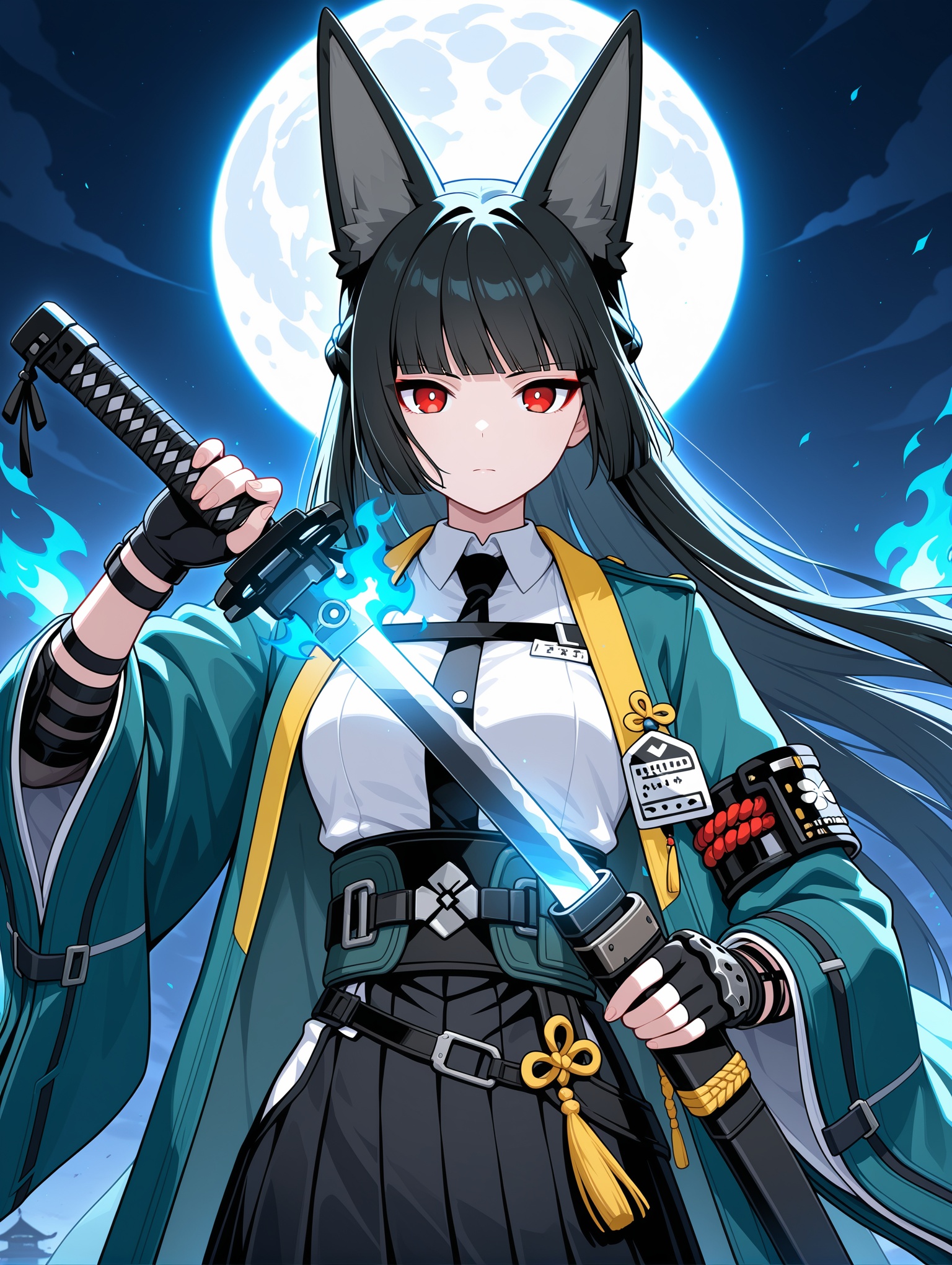 1girl, hoshimi miyabi, animal ears, black hair, black skirt, blue fire, blunt bangs, facing viewer, fingerless gloves, fire, fox ears, fox girl, full moon, gloves, green jacket, high-waist skirt, holding, holding sword, holding weapon, jacket, moon, night, red eyes, sheath, shirt, skirt, solo, sword, sword in front of face, unsheathing, weapon, white shirt,masterpiece,best quality,amazing quality,