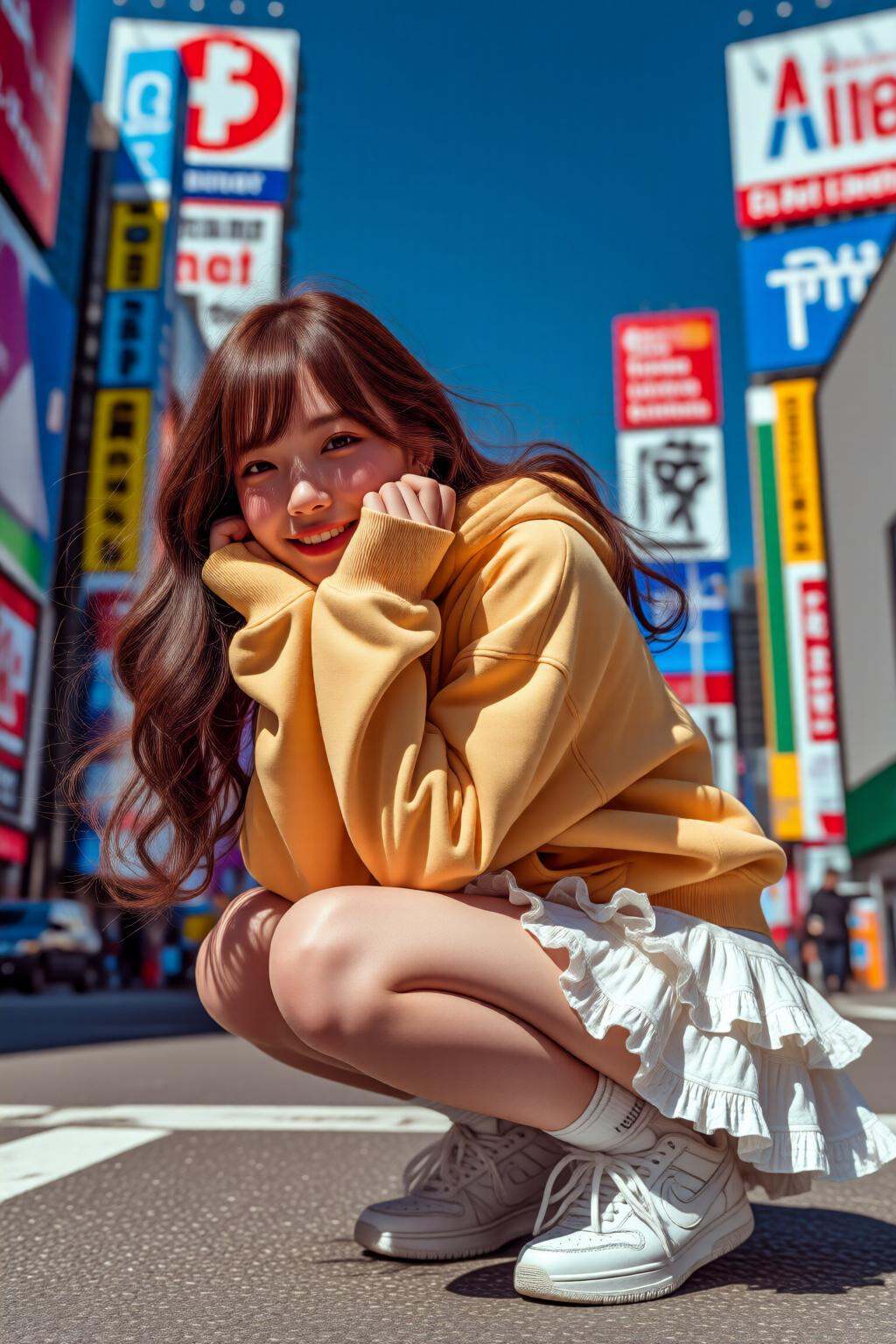 midjourneymix10q photographA young Asian woman crouching on a paved surface with a bright blue sky in the background. She...