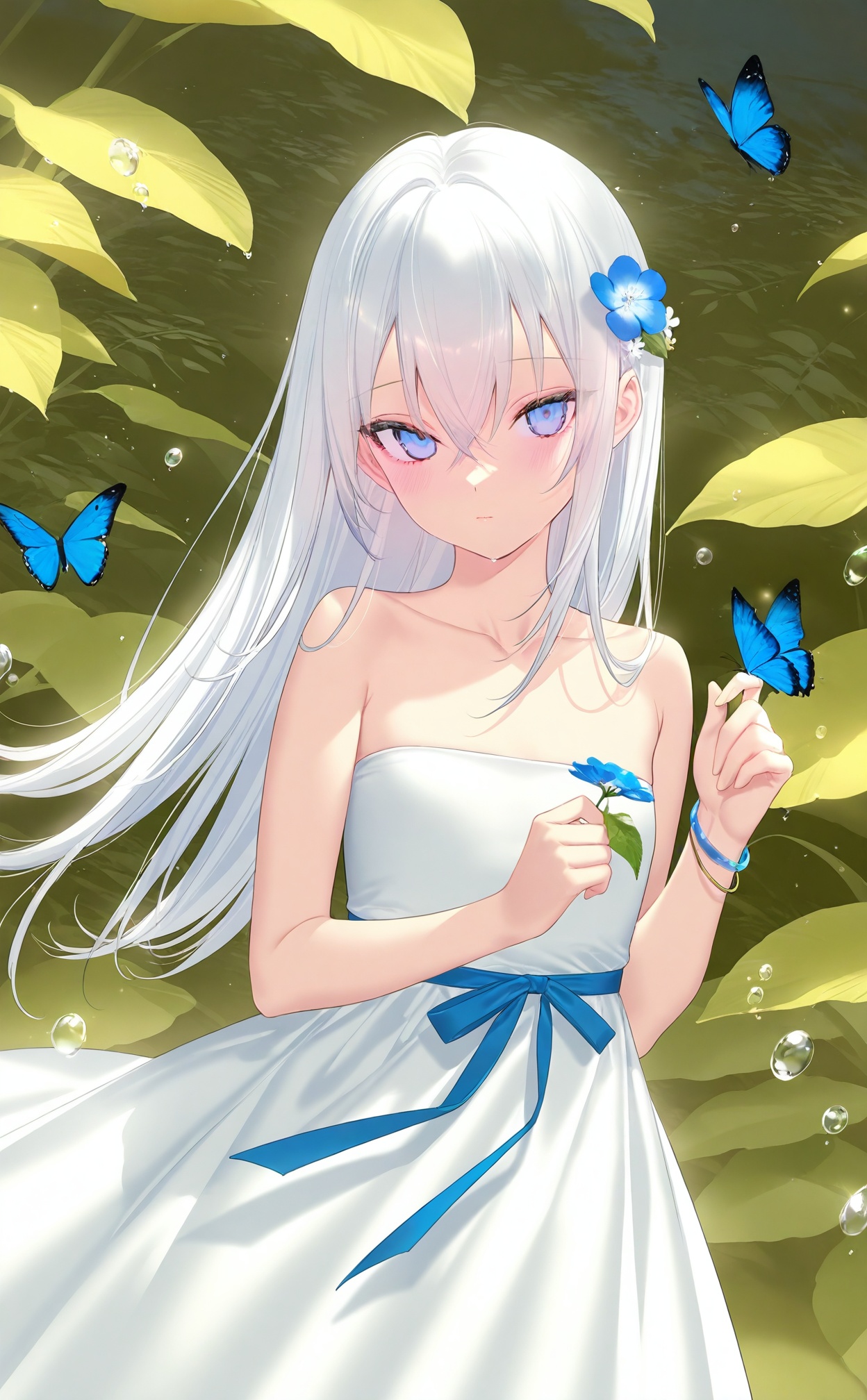 masterpiece,best quality,high quality,loli,Artist:ask (askzy),Artist:chen bin,Artist:onineko,1girl,flower,solo,hair ornament,dress,bug,butterfly,blue eyes,hair flower,long hair,holding,looking at viewer,blue flower,white dress,blue butterfly,bare shoulders,food,fruit,hair between eyes,strapless dress,strapless,jewelry,collarbone,white hair,blush,ribbon,standing,plant,closed mouth,bracelet,water drop,blue ribbon,leaf,
