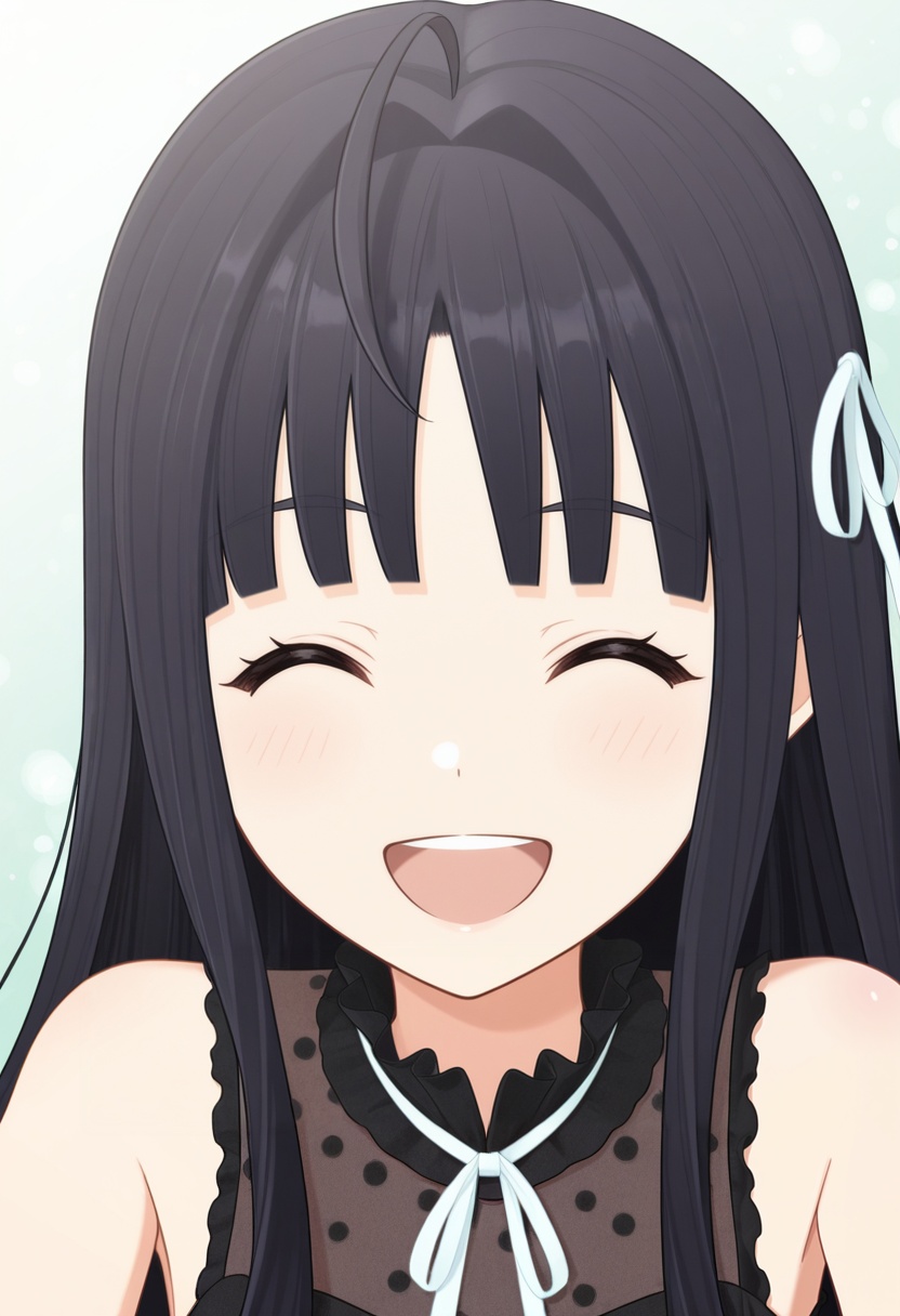 <lora:486_v1.0_illustrious-000018:1>,SUBARUAWA,solo,black hair,long hair,smile,closed eyes,ahoge,open mouth,ribbon,upper body,sleeveless,hair ribbon,teeth,dress,:d,facing viewer,blush,bare shoulders,black dress,upper teeth only,^_^,sleeveless dress,neck ribbon