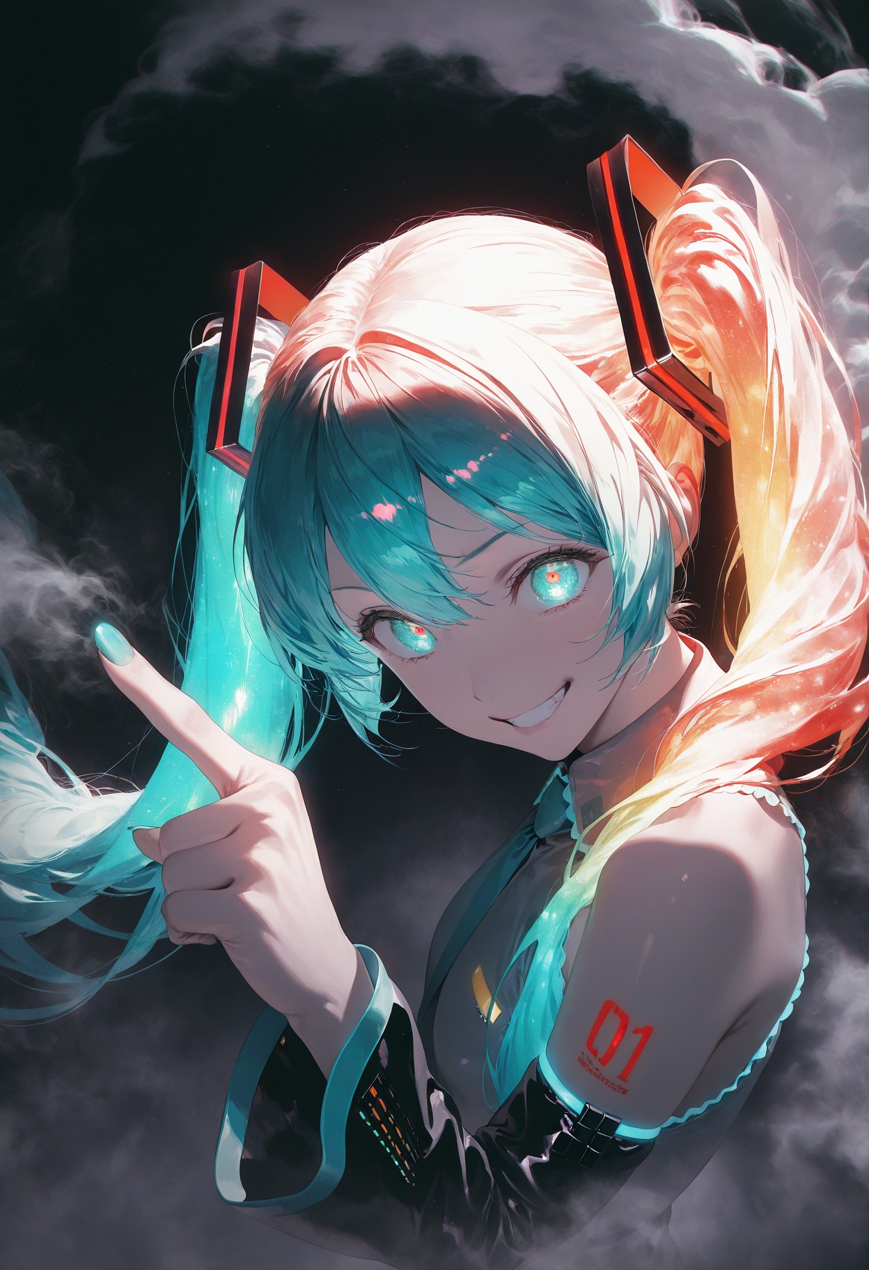 masterpiece,best quality,amazing quality,very aesthetic,absurdres,newest,impactful picture,offcial art,movie perspective,(aos:0.5),(fajyobore:0.5),(chiaroscuro:0.5),Hatsune Miku,limited palette,black background,colorful,vibrant,glowing outline,neon,blacklight,looking at viewer,fog,from_side,from_above,face focus,evil_grin,pointing,glowing_hair,brilliant brilliance,