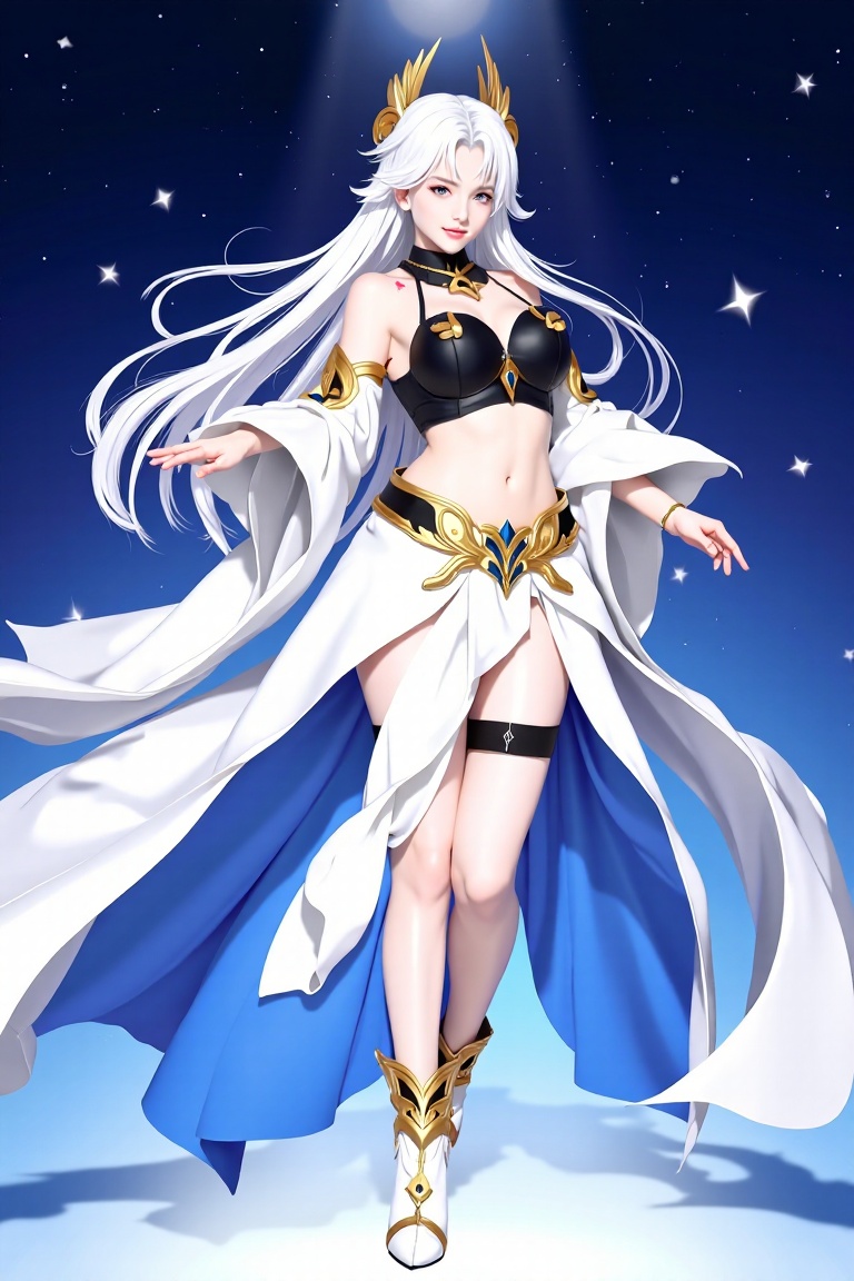 a medium-sized animated female warrior is depicted in a stark contrast of white, blue and gold. Her white hair is cascading over her shoulders, adding a touch of warmth to the scene. She's dressed in a flowing white and gold costume, adorned with a black bra and a gold belt. Her boots are adorned with gold accents, adding depth to the composition. The backdrop is a deep blue, with white stars dotting the sky.,<lora:models/4074/6cec3ed1-09.safetensors:0.8:0.8>