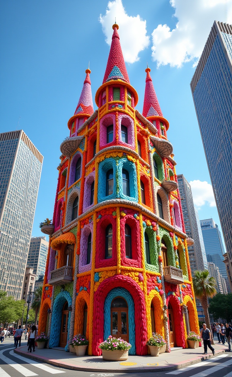 miluo_maoxian，In a vibrant corner of a bustling metropolis, a stunningly intricate building emerges, crafted entirely from colorful strands of soft yarn. The low-angle perspective captures the building's whimsical design, with its towering spires and curving walls, each adorned with a riot of hues—sunset oranges, ocean blues, and forest greens that seem to dance in the gentle breeze. The textures of the yarn create a cozy warmth, providing a striking contrast to the cold, hard steel and glass structures surrounding it. As sunlight filters through nearby skyscrapers, it creates playful shadows that flutter along the yarn facade, while the distant sounds of honking cars and chatter from bustling pedestrians drift through the air. Scattered around the base of this unique yarn creation, vibrant flower pots brim with petite, colorful blooms, adding an extra burst of life to the scene. Above, a few cotton candy clouds lazily float in a brilliant azure sky, lending a dreamy quality to this urban oasis. Overall, the atmosphere emanates a sense of creativity and joy, inviting onlookers to marvel at this enchanting fusion of art and architecture. <lora:miluo丨画了个毛线v1.6:1>knitting wool