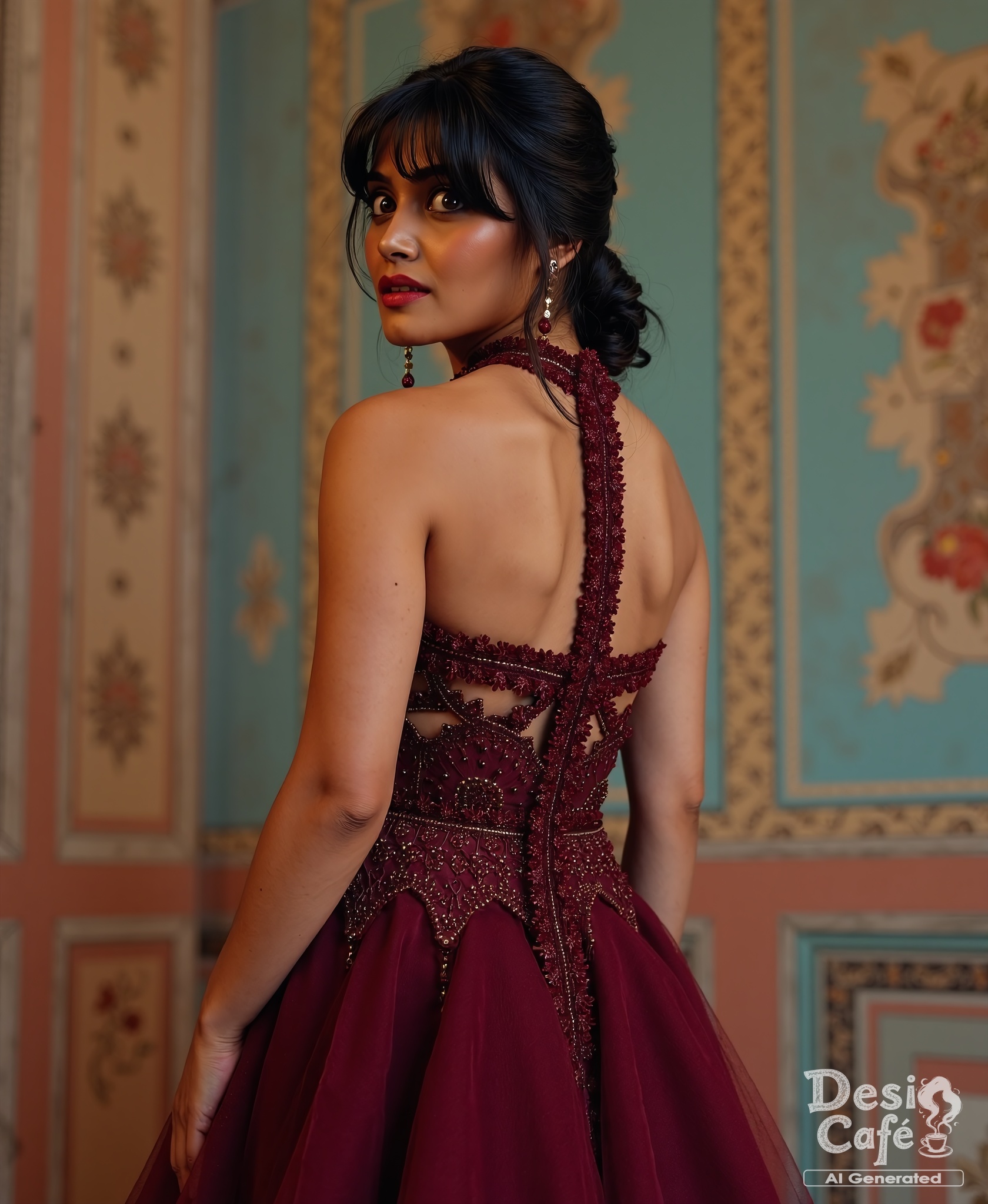 from behind,  looking back photo of Isha Keskar woman,  hyper realistic photo that is safe for work on Tensor.Art