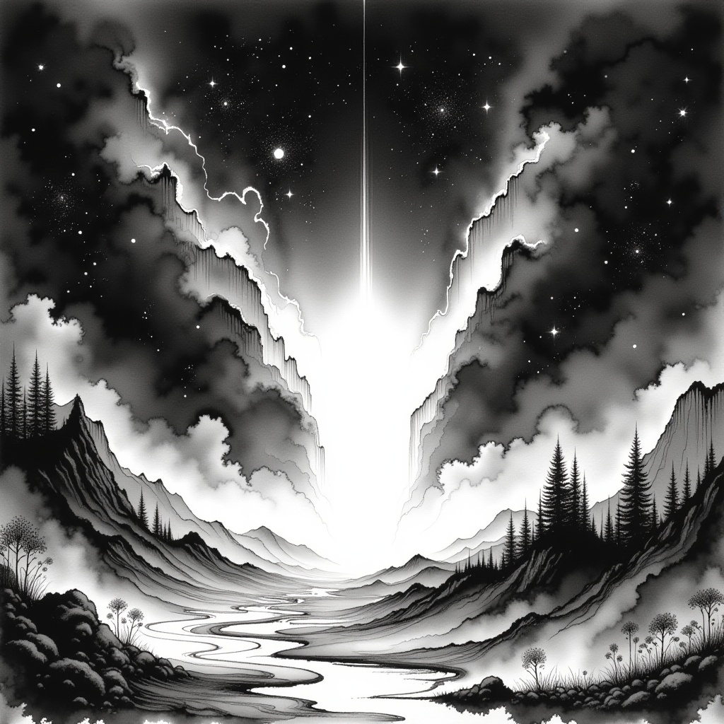 a monochromatic intergalactic landscape with a nadir view of a distant quasar emitting intense cosmic radiation in a washe...