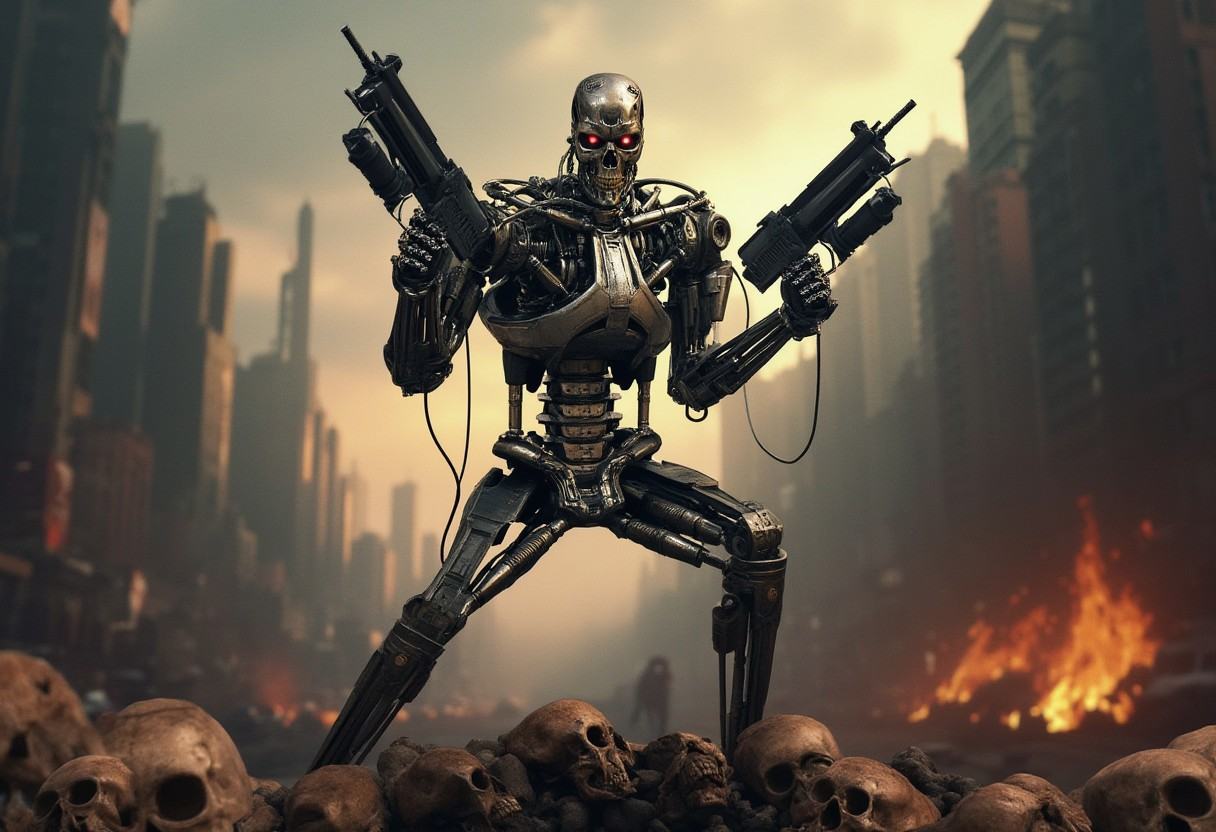 a T800_Endo Terminator Robot with red eyes stands in a destroyed apocalyptic city while holding two futuristic guns and ai...