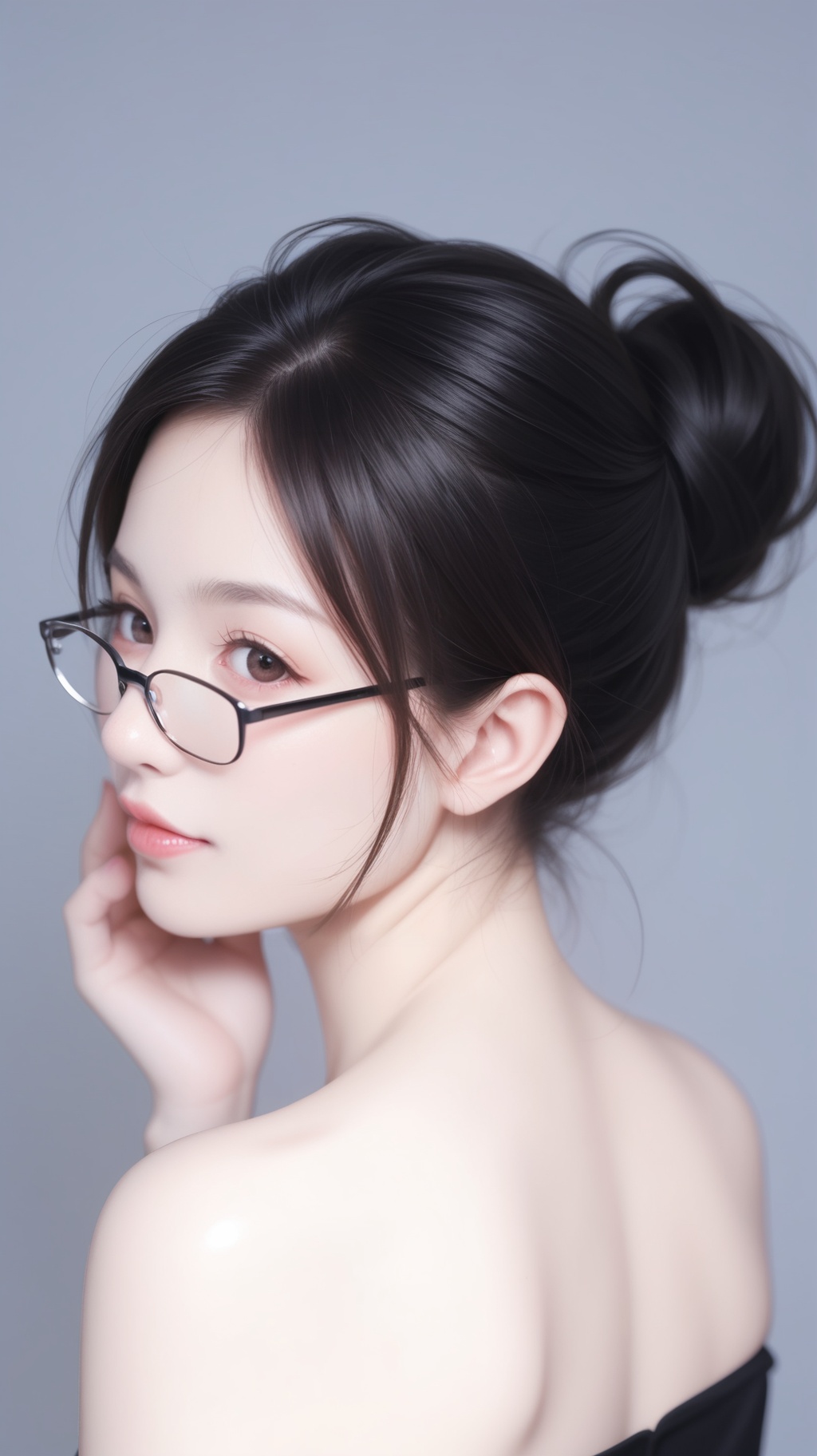1girl,solo,Back Angle,black hair,lips,jewelry,white_marble_glowing_skin,(gently hold your glasses:1.4),black dress falling off her shoulder,portrait,(look at the viewer:1.1),looking back,realistic,, score_9, score_8_up, score_7_up,