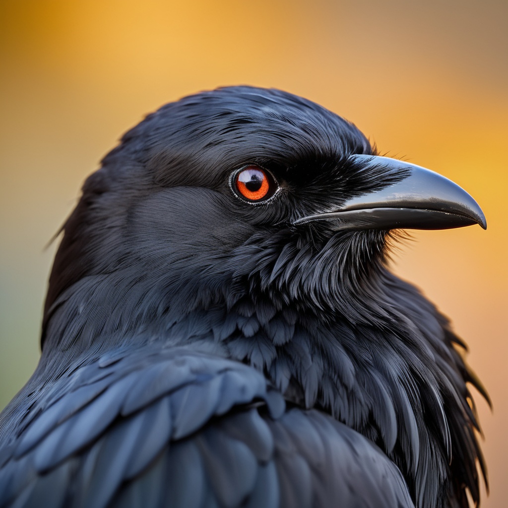 An intensely detailed macro photograph captures the mesmerizing face of a crow in crystalline clarity. The bird's eye is t...