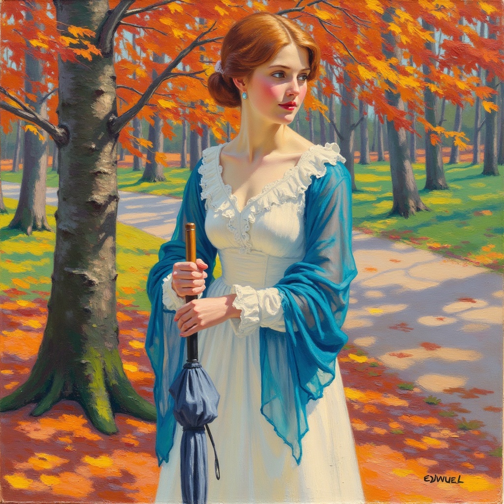A vibrant oil painting by EdwardCucuel a young woman with fair skin and auburn hair wearing a white dress and blue shawl h...