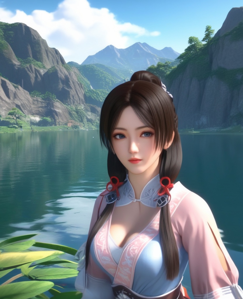 <lora:843-DA-XL-元龙-宋嫣:0.8>, (,1girl, ,best quality, ),,  ,ultra detailed 8k cg,   ,masterpiece, (( , )) , lake,upper body,   (cleavage),,  (),