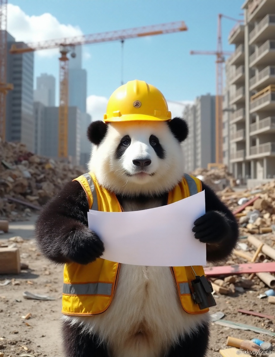 The image is a high-resolution photograph of a keep-fit panda named Huahua,  depicted standing on a bustling construction...
