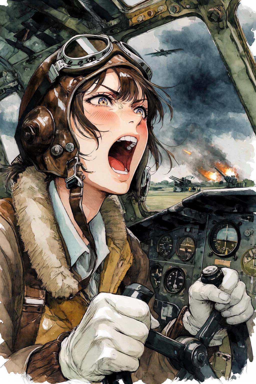 nijiwatercolor1q anime watercolor illustration. A female pilot screaming inside the cockpit of a World War II bomber. The...
