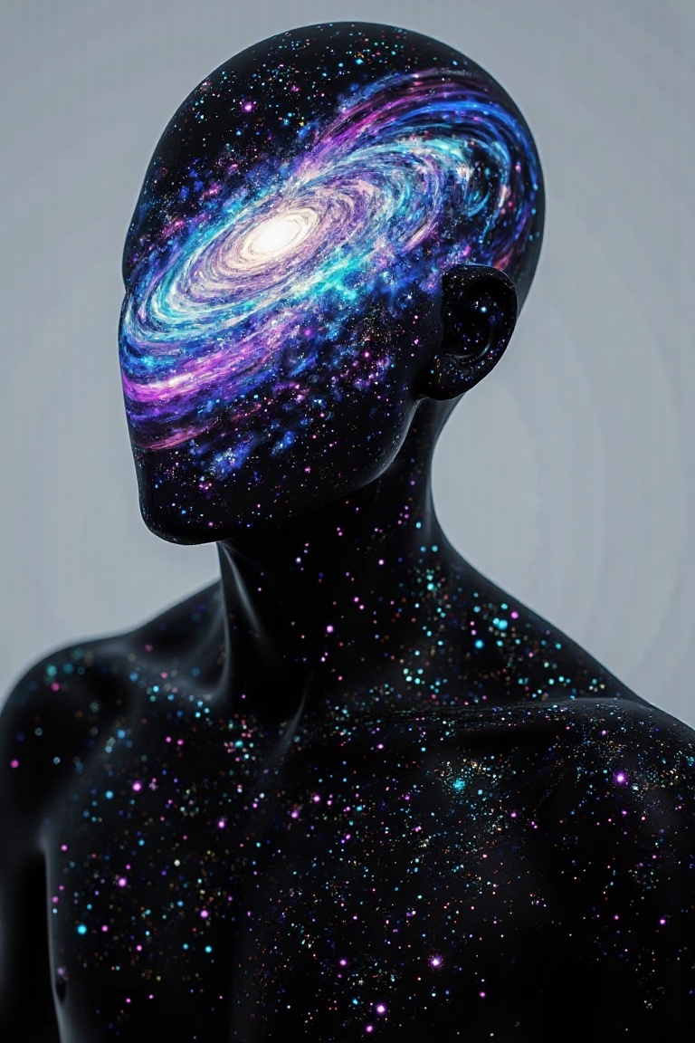 This is a digital artwork featuring a stylized,  abstract figure rendered in a surreal,  high-tech digital art style. The...