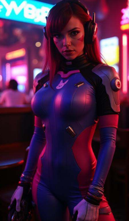 full body Dva. She wears a science fiction body suit and is a beer in a cyberpunk pub. on Tensor.Art