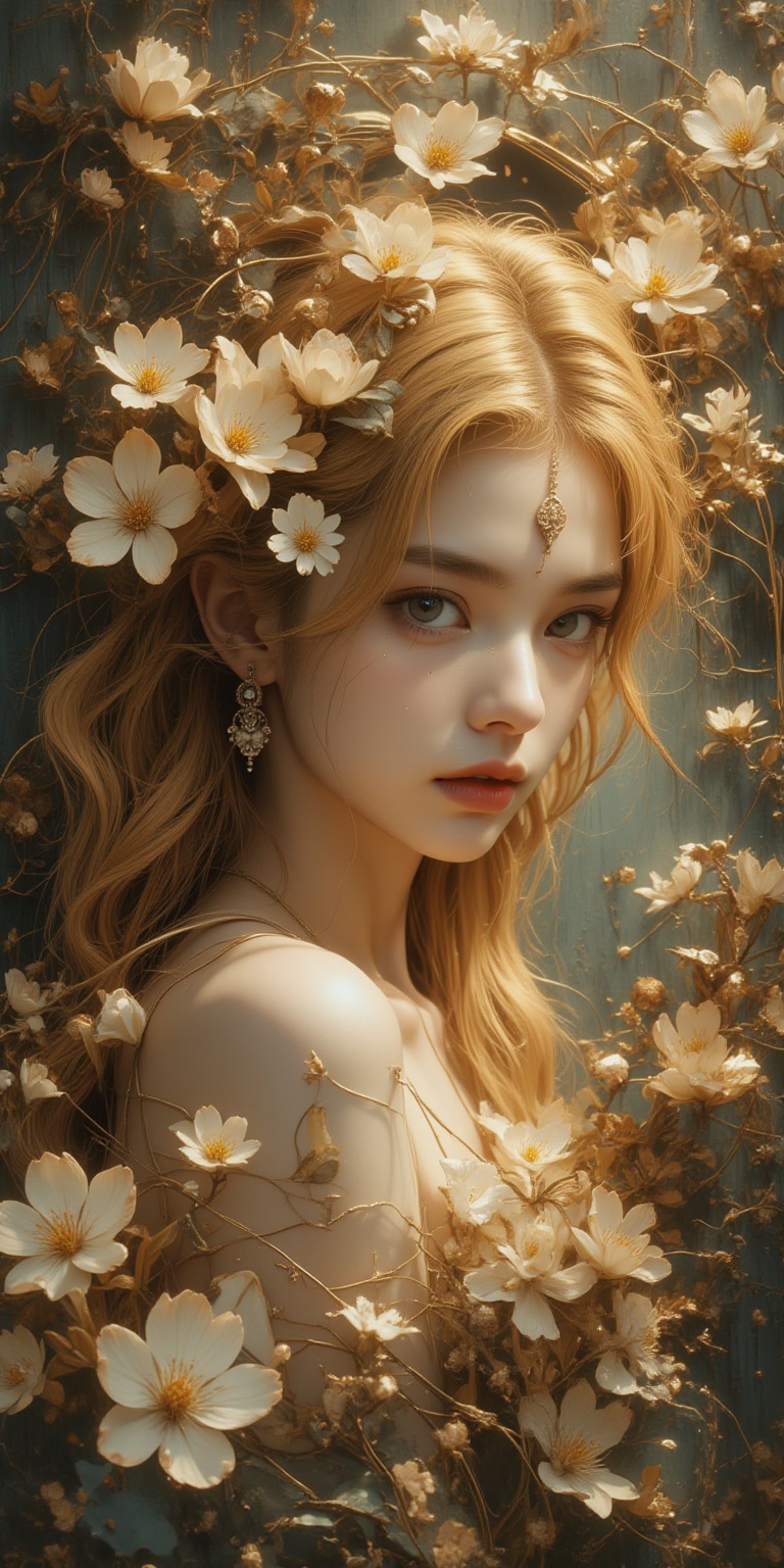 The bottom half of the magazine cover showcases a mesmerizing image: LOVER emblazoned across the top in striking lettering, while the enigmatic young woman with an otherworldly essence commands the frame. Captured through a 35mm f/2.0 wide-angle lens, her luscious locks cascade like golden tresses around her face, illuminated by a soft glow reminiscent of a nearby bloom's gentle caress. A dainty white flower adorns her forehead, its petals unfolding like minuscule wings. Her bold black lips seem to conceal hidden truths. Framed against the subtle texture of tree bark, she stands in side profile, an abstract composition that exudes mystery and quiet introspection, set against a dense backdrop of swirling paper sculpture patterns.