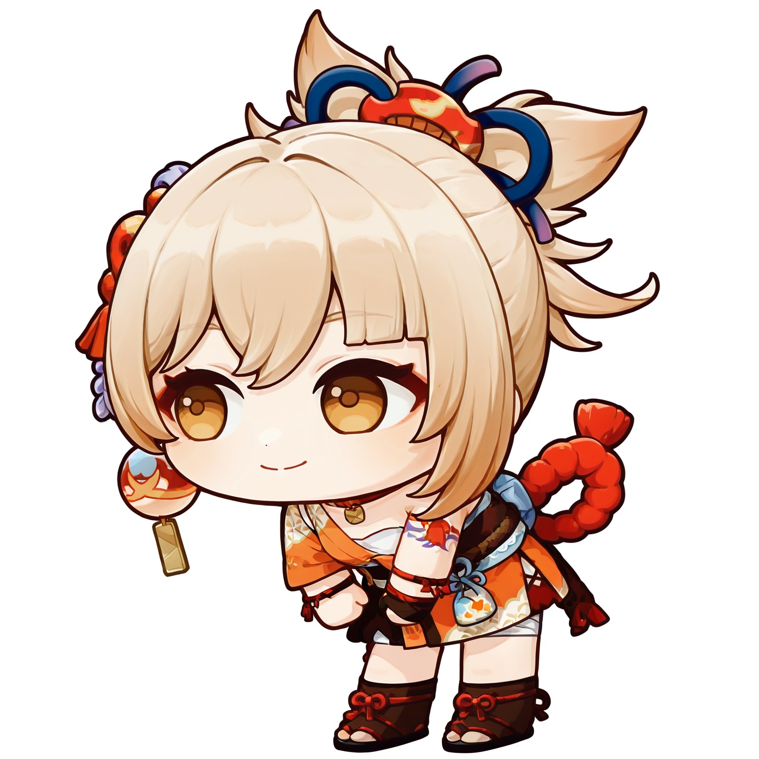 <lora:Brain Rot v0.9_noob:1.2>,solo,smile,1girl,full body,closed mouth,standing,leaning forward,white_background,looking_away,Naganohara Yoimiya \(genshin impact\),chibi,