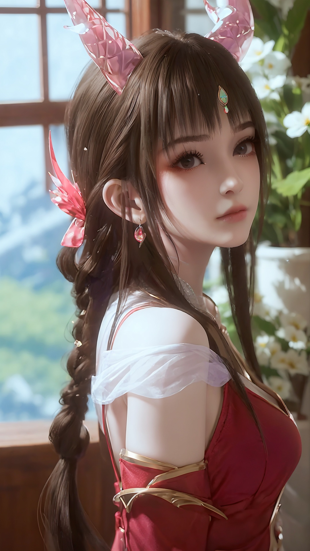 a girl,a girl,looking at viewer,(purple element:1.2),rystalstexture skin,best quality,masterpiece,ultra detailed,8k,RAW photo,realistic,photorealistic,ultra-detailed,delicate pattern,masterpiece,sitting,sofa,meteor,interior,table lamp,window,flower,window,a girl,(full_body:1.2),thighs,(supporting with strong hands:1.1),(dynamic perspective:1.1),(flying long hair:1.2),dress,hair ornament,earrings,lips,bare shoulders,jewelry,long hair,see-through,(full and smooth skin like jade fat:1.2),bare legs,solo,(masterpiece, best quality:1.2),(perfect face:1.1),(a detailed face:1.1),<lora:jmai jimeng jmmgf_20240623203654-0000010-08:0.6>,<lora:滤镜V1.0:1>,<lora:画面亮度:0.3>,<lora:服装增减_LoRA_3.0:-0.6>,(red dress:1.2),<lora:唯美5:0.8>,(pink_horns:1.2),