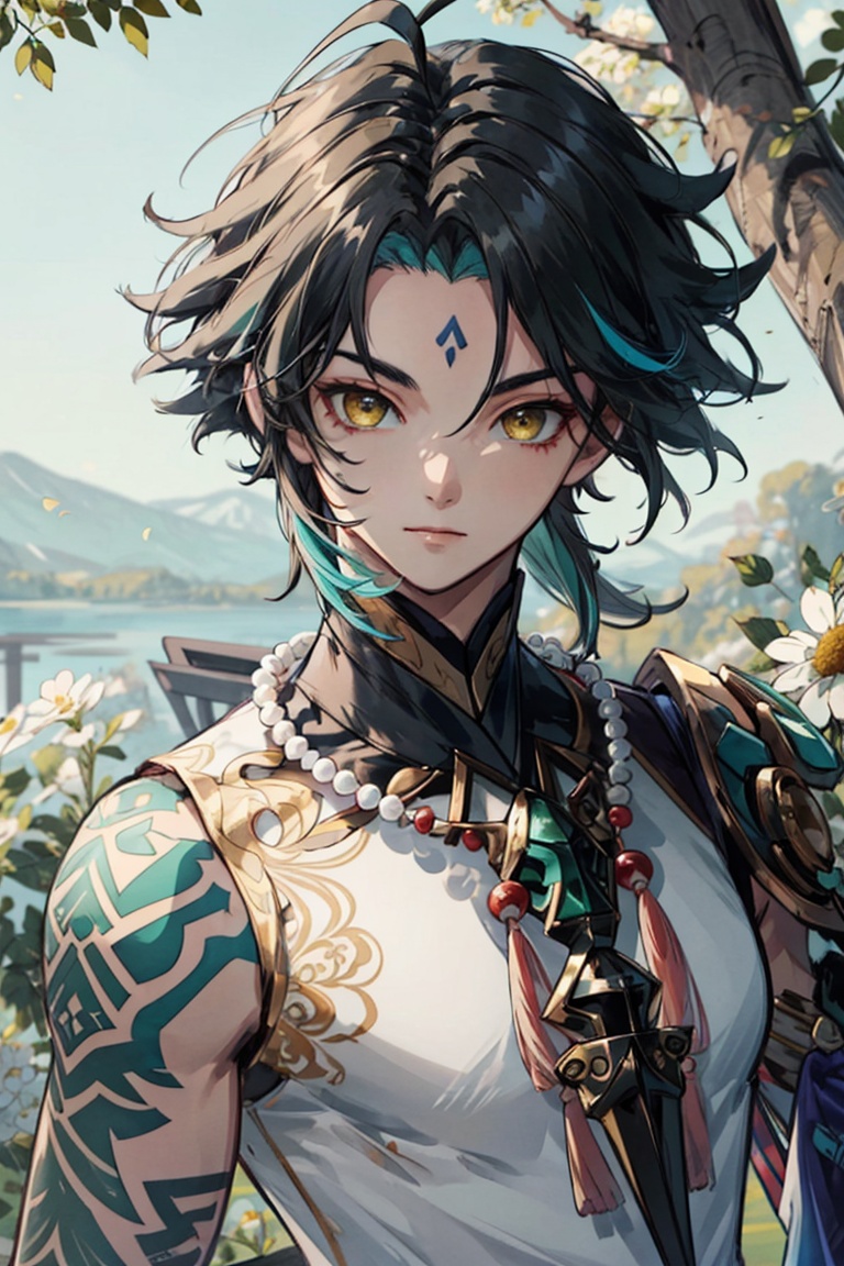 <lora:xiao:0.8>,xiao (genshin impact),1boy,solo,male focus,bead necklace,arm tattoo,tassel,yellow eyes,forehead mark,multicolored hair,facial mark,black hair,green hair,closed mouth,ahoge,green gloves,bangs,asymmetrical clothes,outdoors,looking at viewer,white flower,tree,upper_body,