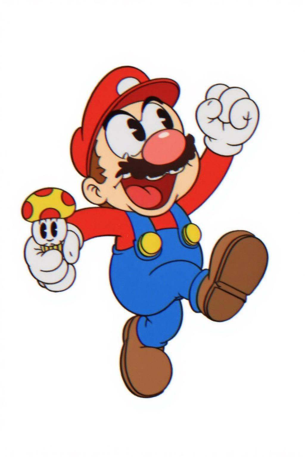 rubber hose animation style.Super Mario is in a dynamic pose,  wearing his red cap,  red shirt on Tensor.Art