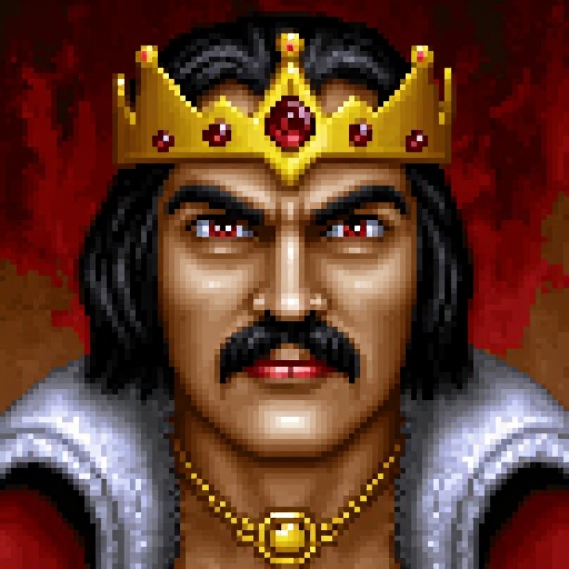 Original HoMM2 style portrait of Archibald Ironfist,  a formidable male warlock necromancer and evil king with a sinister...