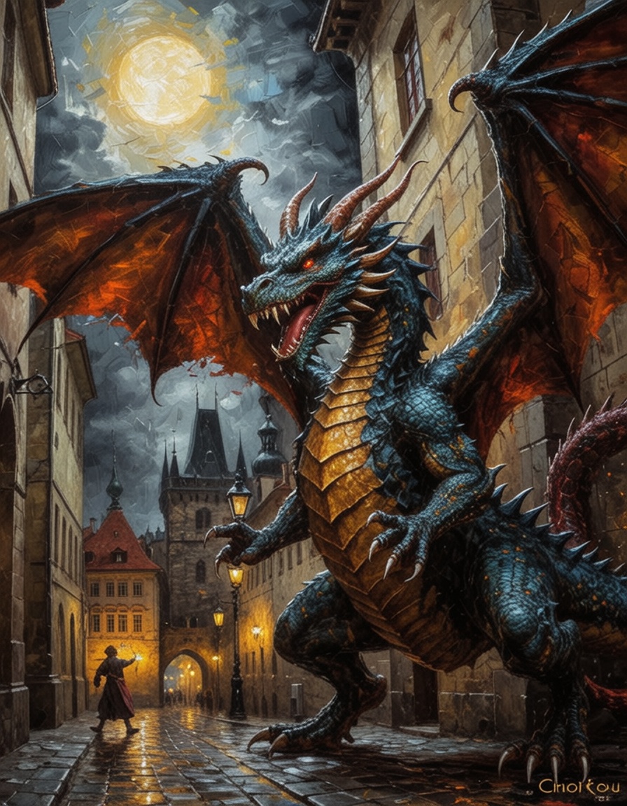 R3nai55ancePainting,  a dragon attacking in prague on Tensor.Art