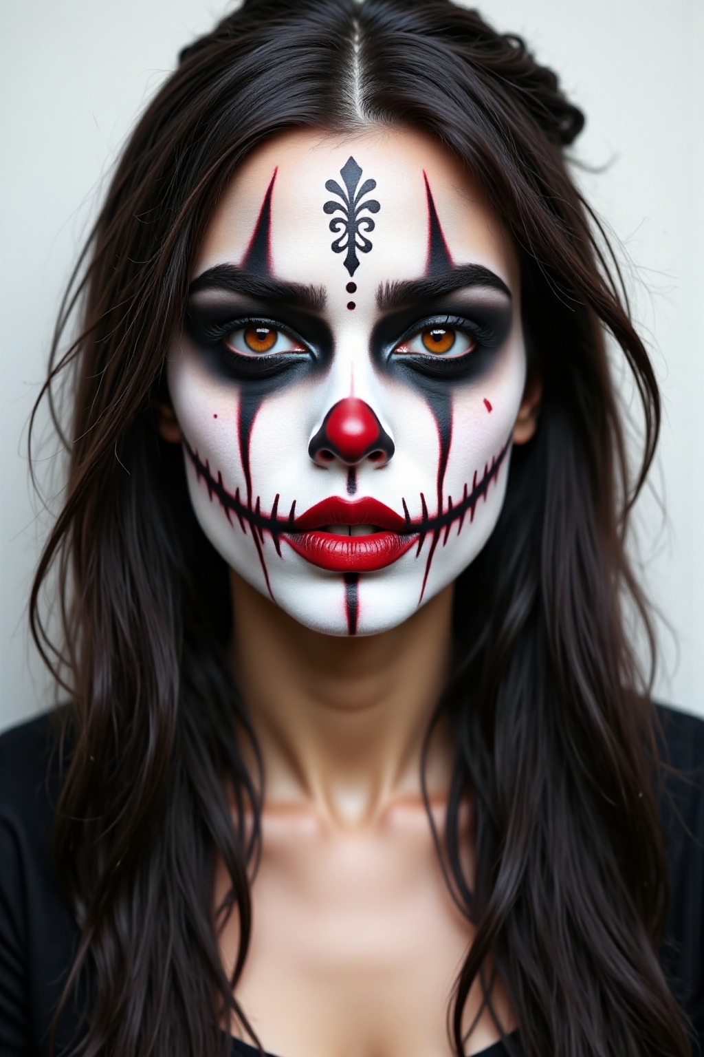 pr3ttyh0rr0r. beautiful woman with pr3ttyh0rr0r makeup with vertical eye makeup,  white face,  black lips on Tensor.Art