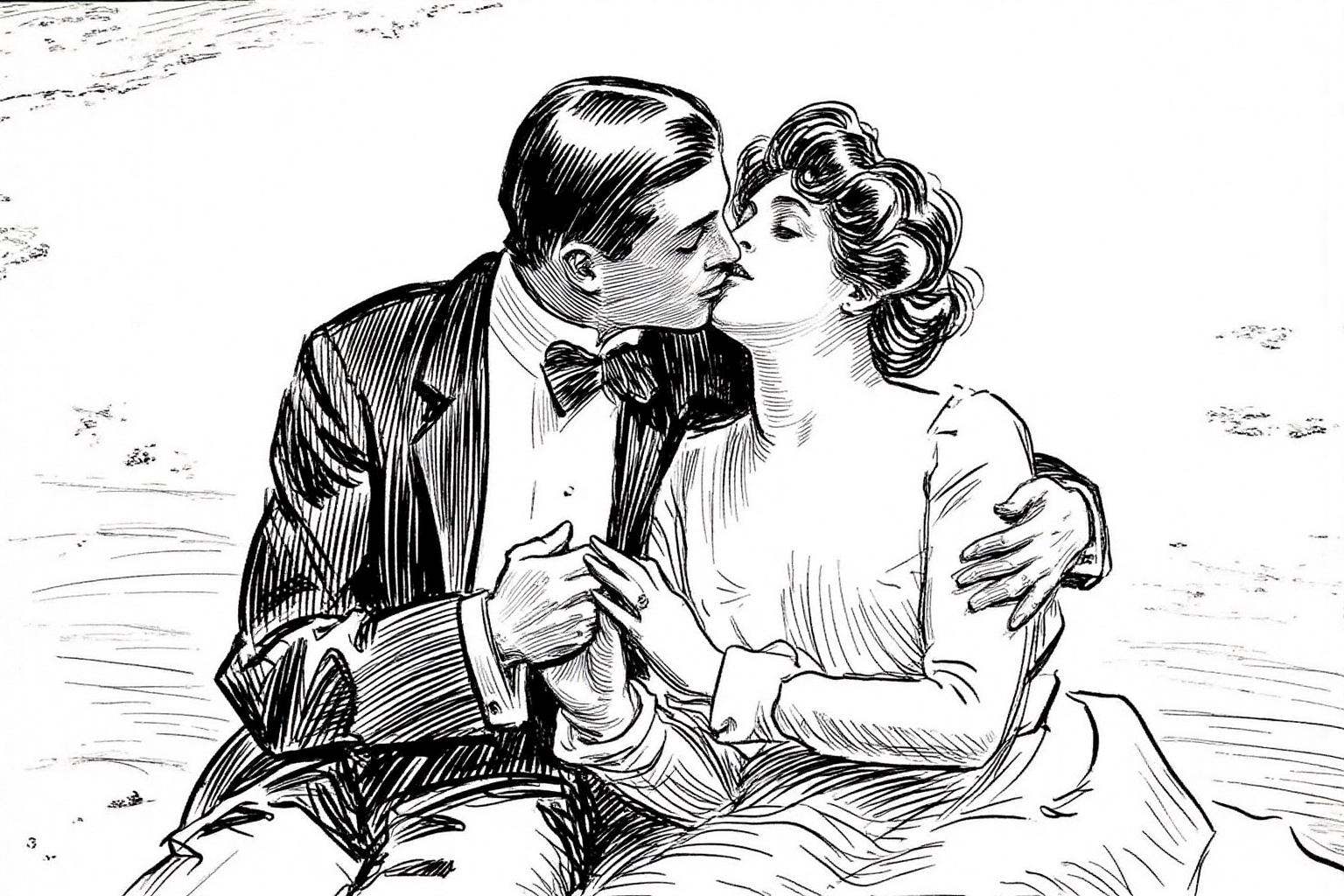 charlesdgibson1 illustration.A man and a woman kissing,  seated outdoors. The man,  on the left on Tensor.Art