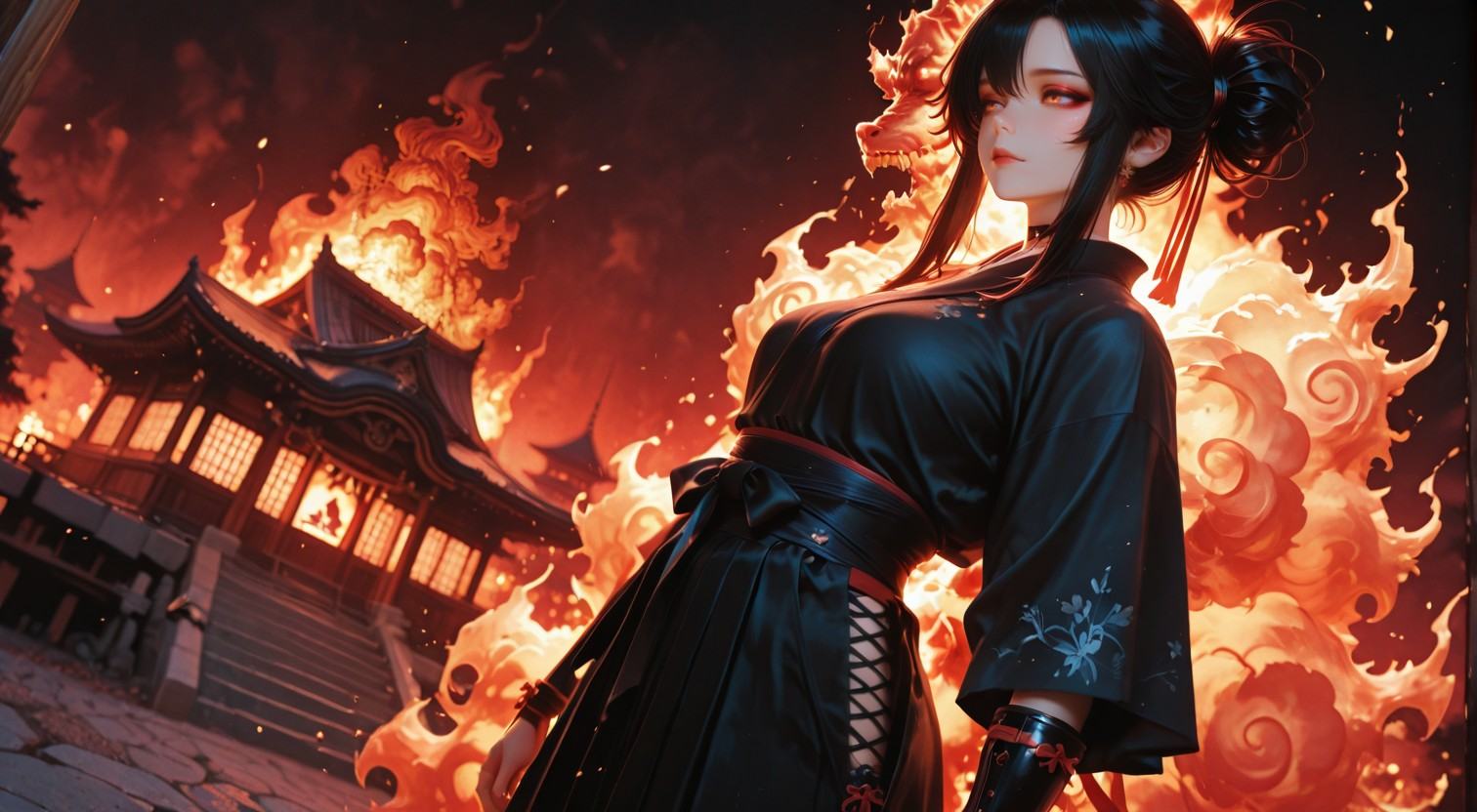 japanese castle Burning background,  samurai girl,  comical face on Tensor.Art