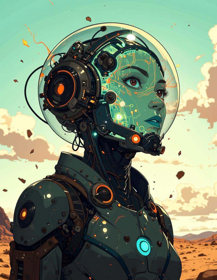 Anime style. The image features a futuristic,  humanoid figure standing against a bright,  ethereal backdrop on Tensor.Art
