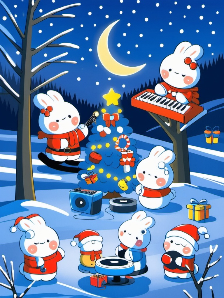 tuzi,A lively winter scene with cute,white bunny characters rocking red scarves and hats. They're busy decorating a Christmas tree,handing out gifts,and playing music. The backdrop features a snowy forest with a crescent moon and stars in the sky. The scene bursts with festive colors and whimsical,cartoonish style,capturing the joyful spirit of the holiday season.,,<lora:tuzi_v1:0.8>