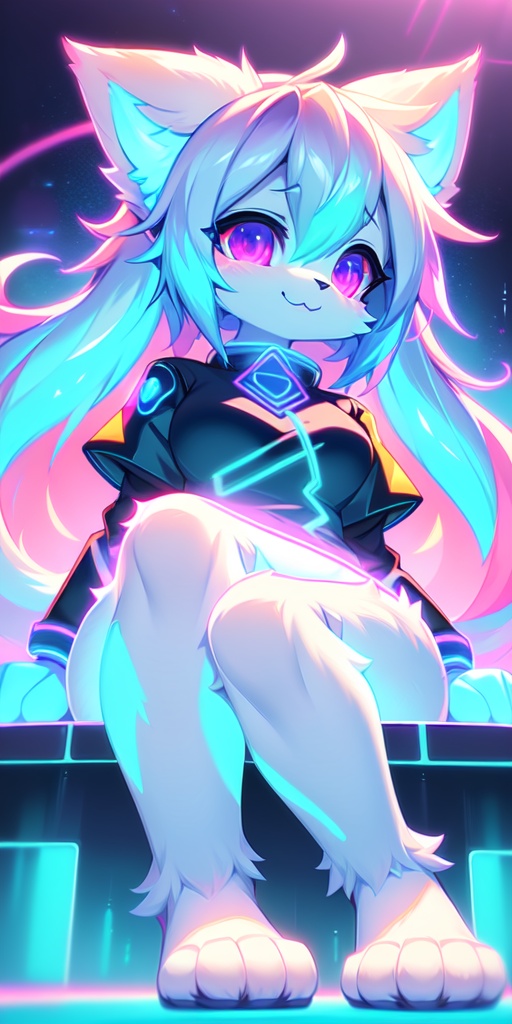 cute furry girl with cat ears sitting up in white spaces with robot head lying over top knee spread and happy clothes near...