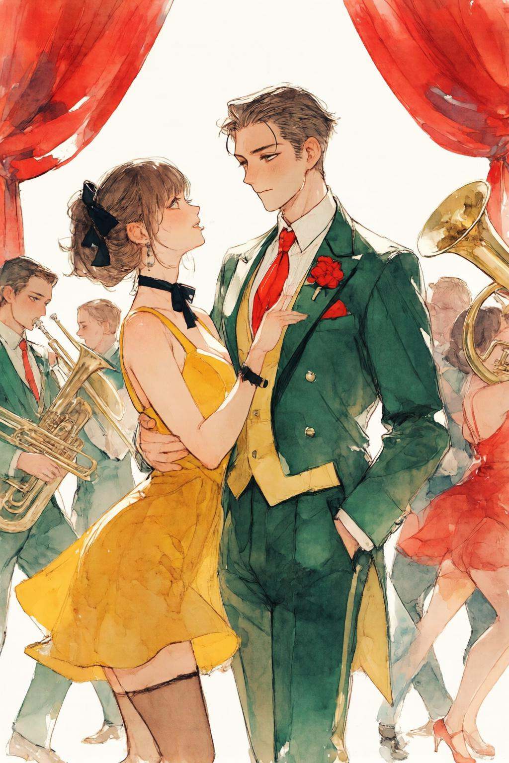 nijiwatercolor1q anime watercolor illustration. A man in a green suit with a red tie and boutonniere dances with a woman i...