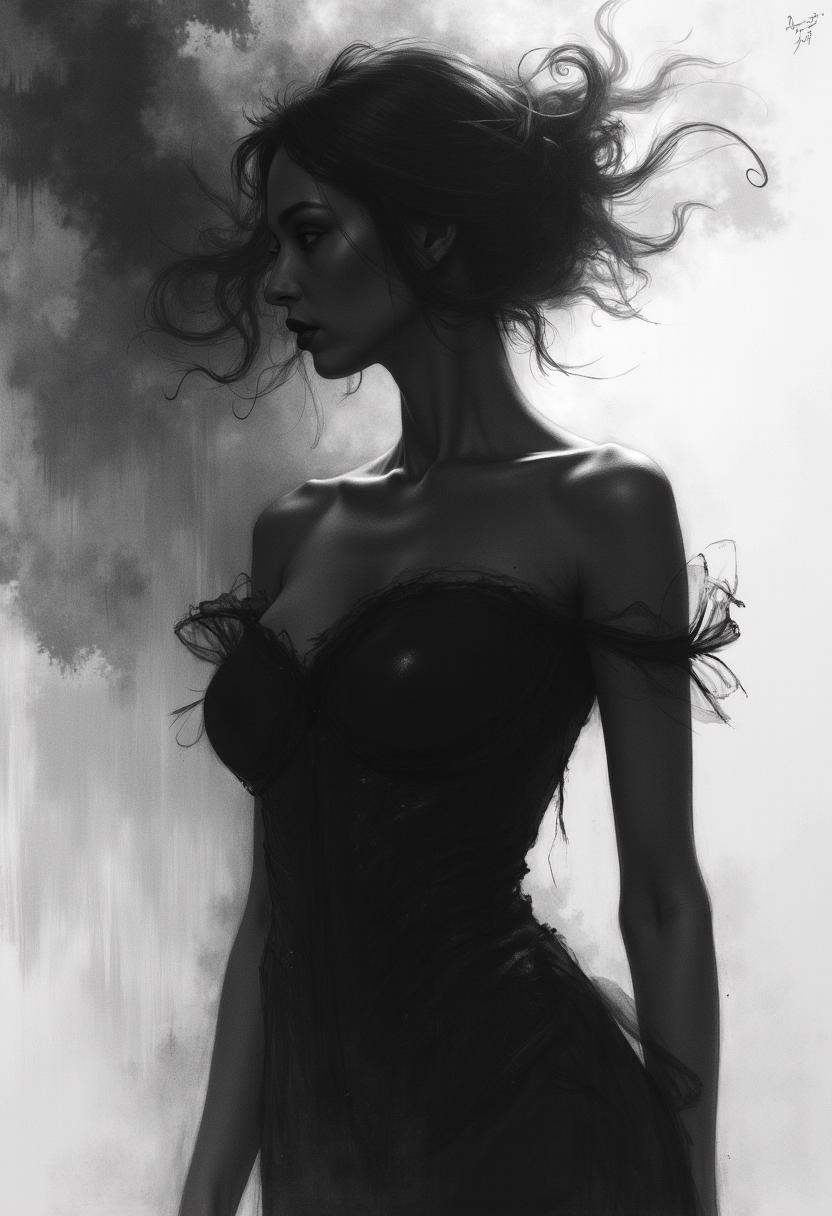Charcoal drawings of a cinematic film still gothic art,  graceful form of feminine silhouette,  creature of smoke and ash...