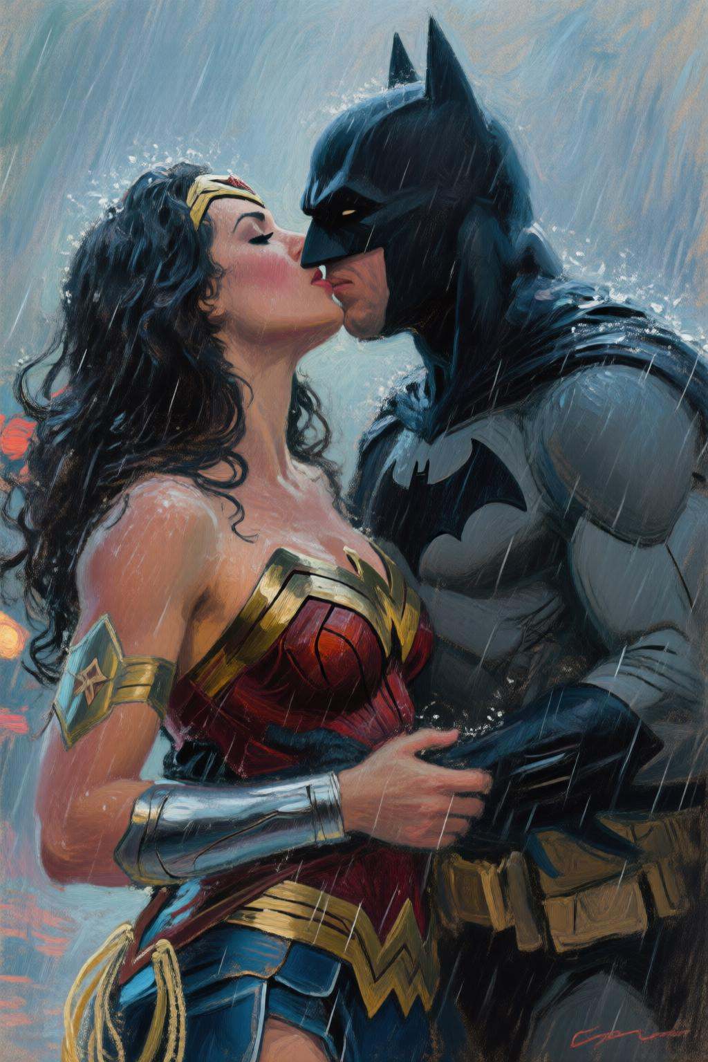 claudemonet2q painting.Close-up of Wonder Woman and Batman Kissing in the rain on Tensor.Art